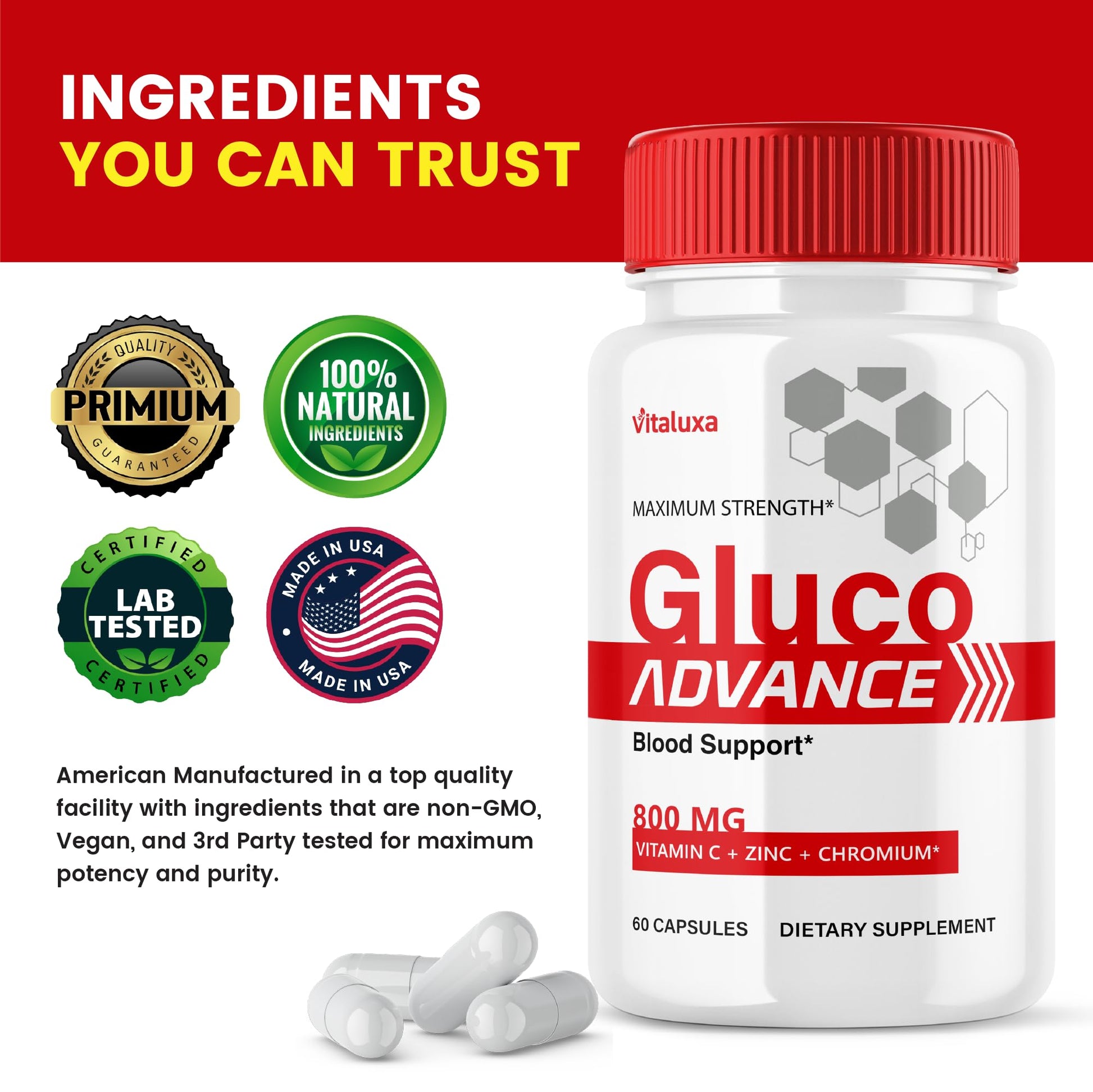 Gluco Advance Capsules, Gluco Advanced Blood Support Supplement GlucoAdvance Pills for Joints, GlucoseAdvance Premium Blend Flow Balance All Natural Formula Overall Health Wellness (60 Capsules) Vitaluxa Au supplements