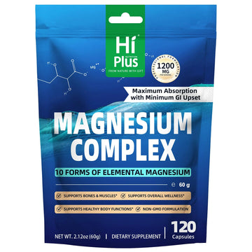 Magnesium Complex Supplement with 10 Forms of Elemental Magnesium, 1200 mg per Serving, Magnesium Glycinate, Citrate, Malate & Taurate, High Absorption Vegan Capsules, Non-GMO HiPlus Au supplements
