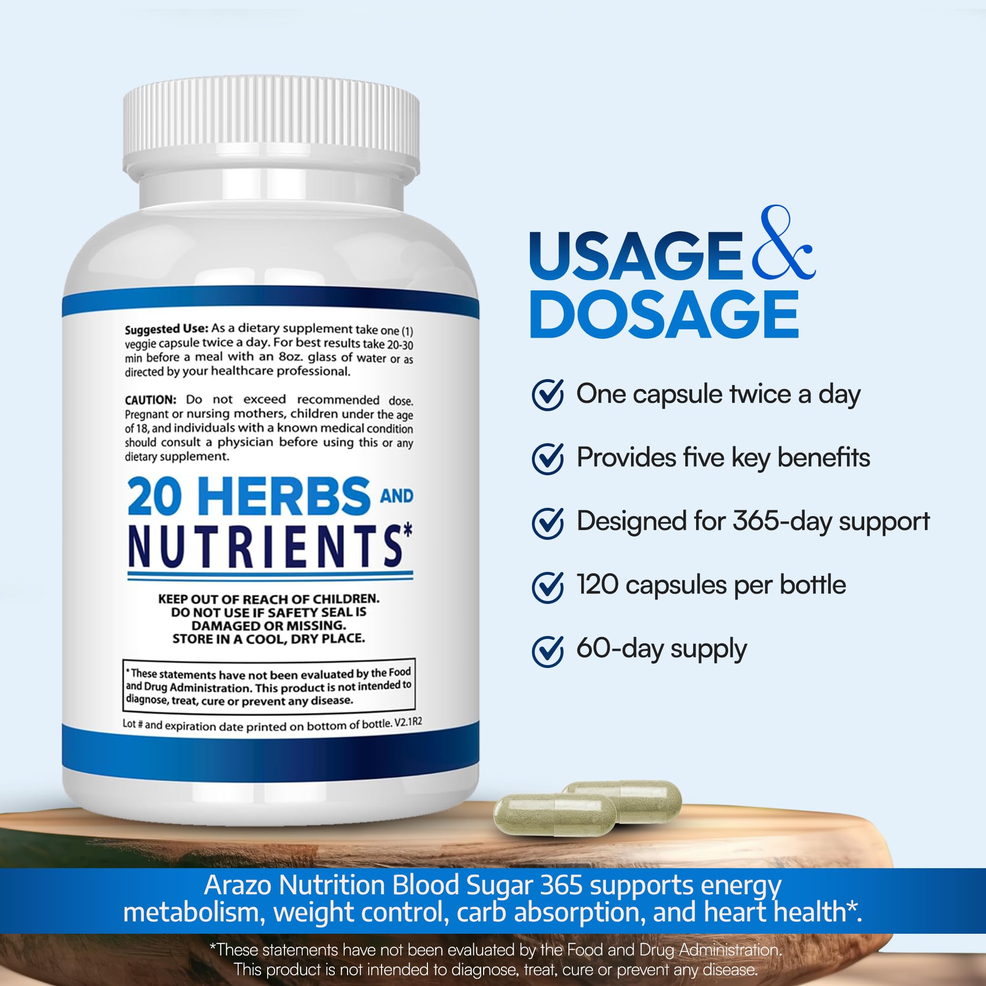 Arazo Nutrition Blood Sugar 365 Supplement – Supports Healthy Energy Levels - 120 Herbal Pills - 60 Day Supply Aus Healthcare Au supplements