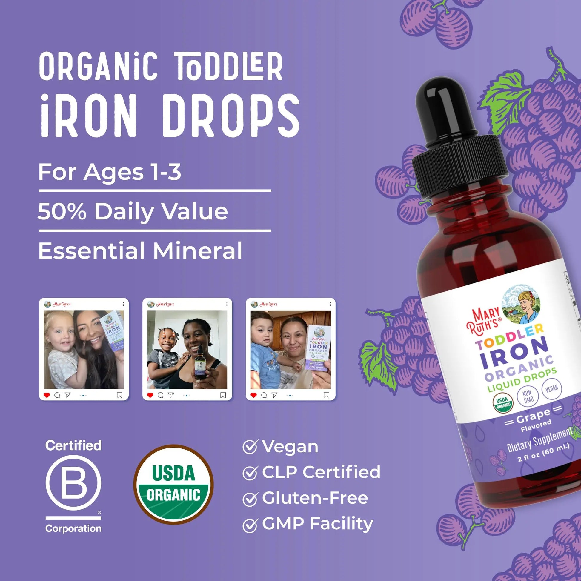 MaryRuth's Iron Supplement for Toddlers | Liquid Iron Supplement for Children Ages 1-3 | Iron Supplement for Iron Deficiency | Ferrochel | Sugar Free | Vegan | Non-GMO | Gluten Free | 2 Fl Oz MARYRUTH'S Au supplements