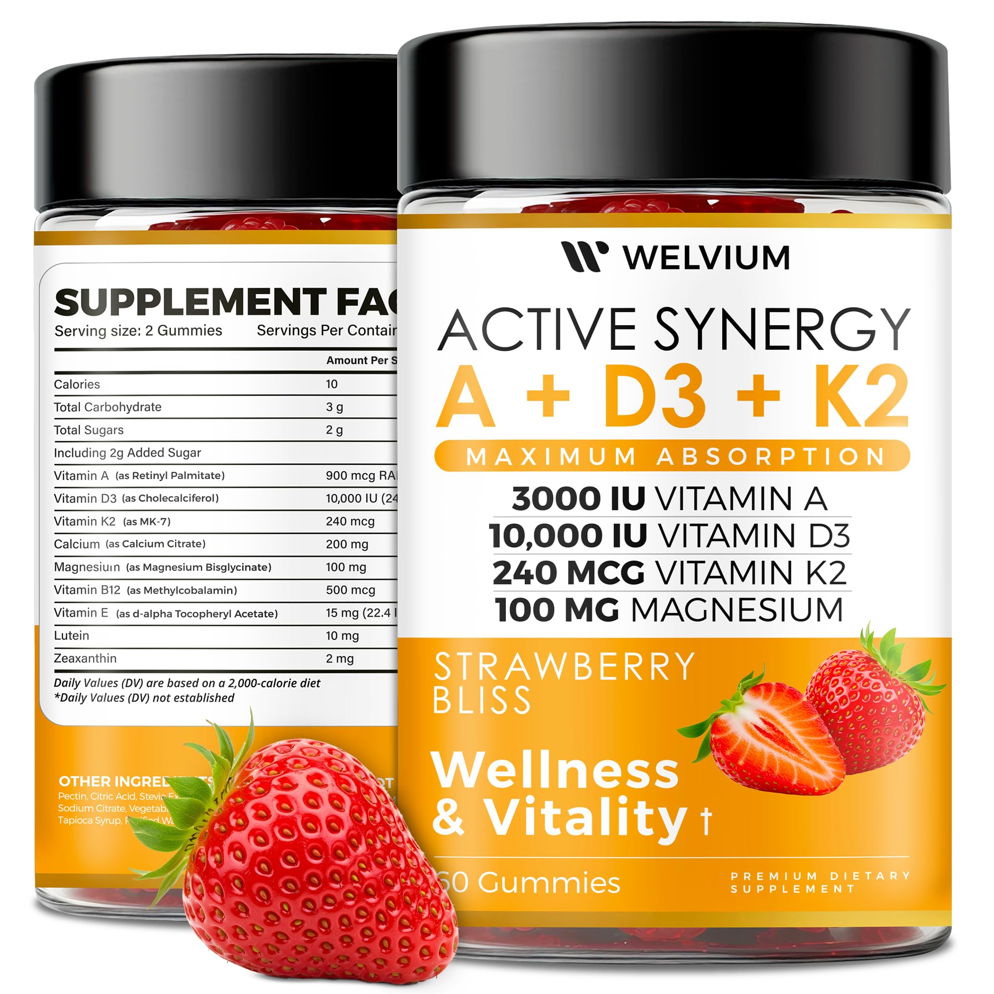 WELVIUM Vitamin D3 K2 Gummies 10000 IU with Magnesium Glycinate, Calcium, B12, K2 MK-7, Vitamins A, E, Lutein, Zeaxanthin - ADK Chewable Supplement for Bone, Eye, Immune Support - D3K2 Gummies WELVIUM Au supplements