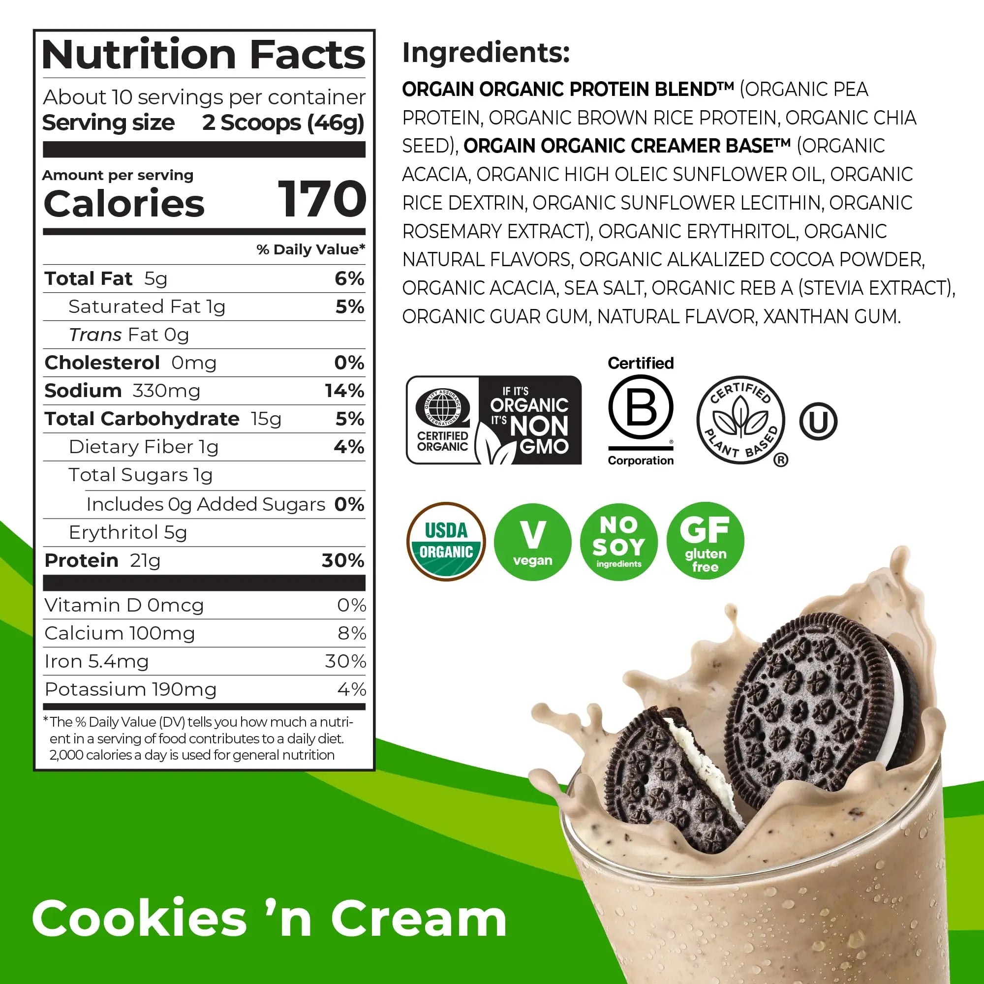 Orgain Organic Vegan Protein Powder, Cookies and Cream - 21g Plant Based Protein Orgain Au supplements