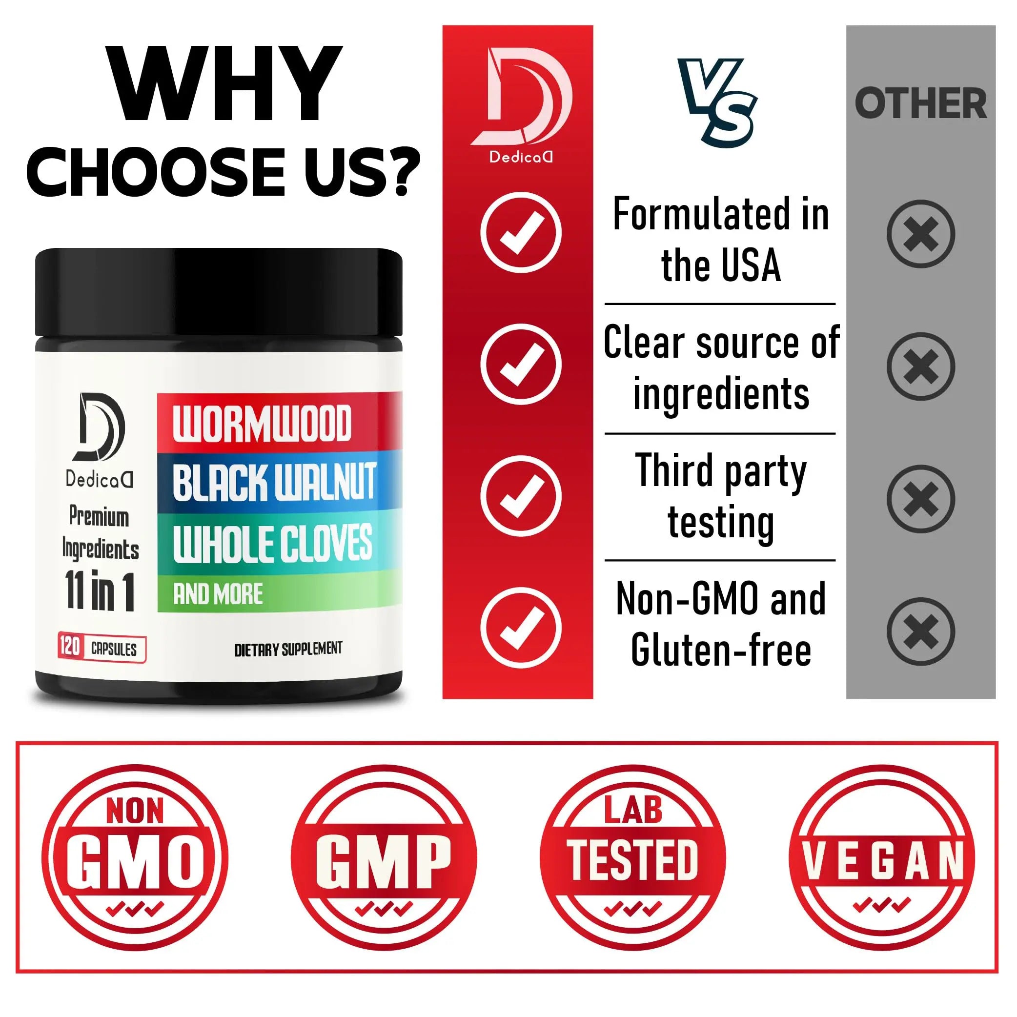 DEDICAD Wormwood Supplement - 120 Capsules Extracted from Black Walnut, Cloves, Turmeric, Apple, Berberine HCl & More - 11 Ingredients Combined for Immune System - 2-Month Supply DEDICAD Au supplements