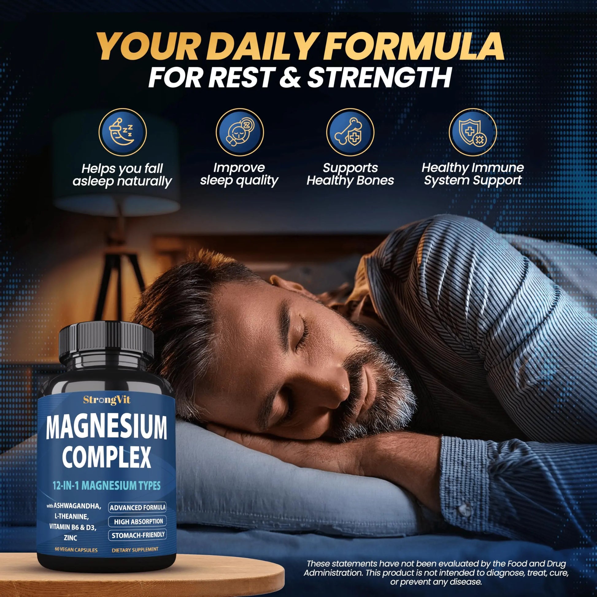 1000mg Magnesium Complex for Women and Men, 12 in 1 Magnesium Supplement with Ashwagandha, Zinc, D3, L-theanine. Easy to Swallow, High Absorption, Sleep Support & Stress Relief (60 Capsules) StrongVit Au supplements
