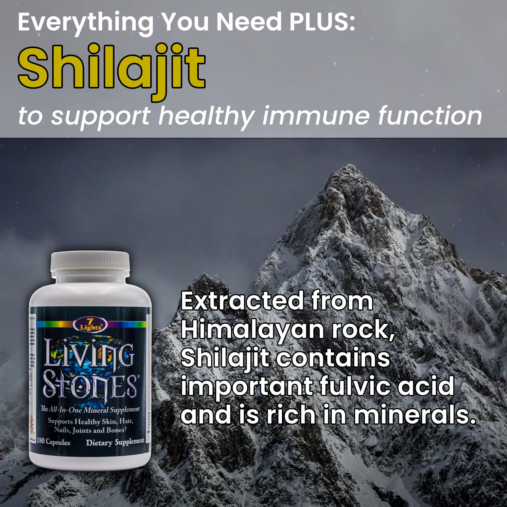 Living Stones, Complete Mineral Supplement with Zinc, Calcium, Magnesium, Selenium, Trace Minerals, No Added Iron, with MSM (Organic Sulfur) and Shilajit, Premium Absorption (30-Day Supply - 180 Caps) 7 Lights Au supplements
