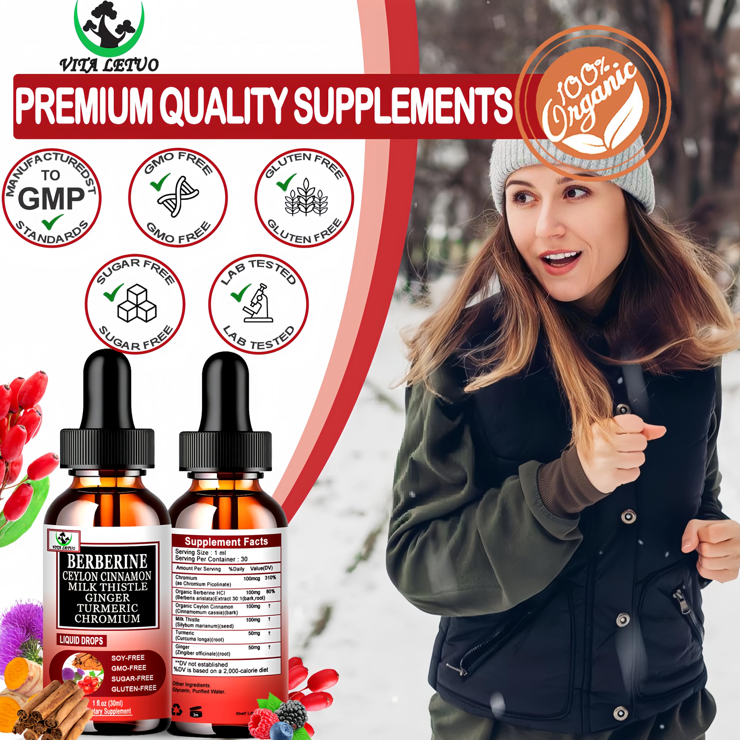Berberine Drops, High Absorption 6-in-1 Liquid Berberine Supplement with Ceylon Cinnamon Milk Thistle Turmeric, Premium Berberine HCl for Immune Function Metabolic & Digestive Support, 30 Servings Vita letuo Au supplements