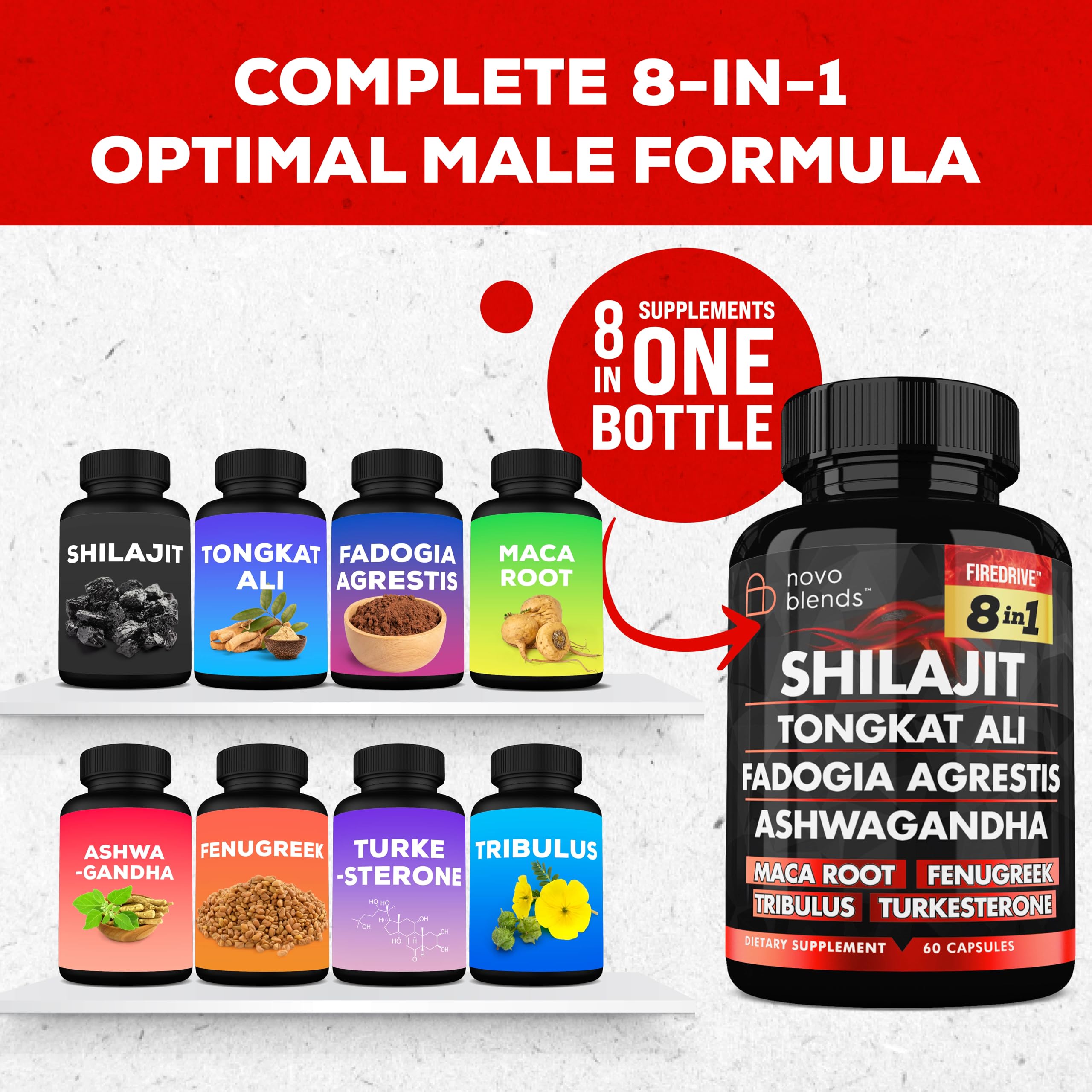 Shilajit 3000mg Tongkat Ali 15,000mg Fadogia Agrestis 1000mg Maca Root 2000mg Ashwagandha 4000mg Fenugreek 1500mg Tribulus Terrestris 500mg Turkesterone 500mg, 8-in-1 Supplement Blend for Men Novo Blends Au supplements