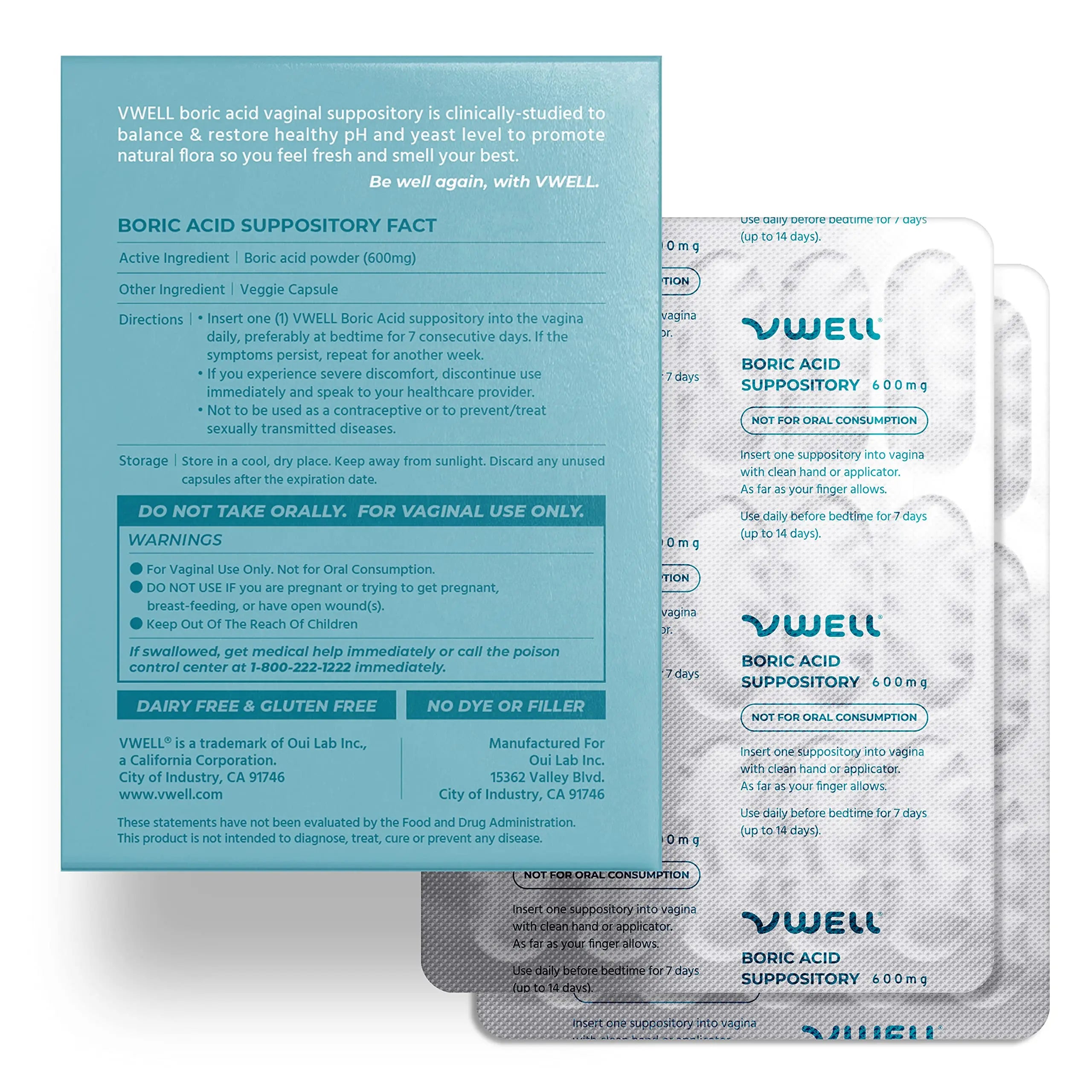 VWELL Boric Acid Vaginal Suppositories - Homeopathic Solution Maintains and Balances Healthy Vaginal pH & Microbiome Intimacy - Doctors Recommended (One Size, 30, Count) VWELL Au supplements