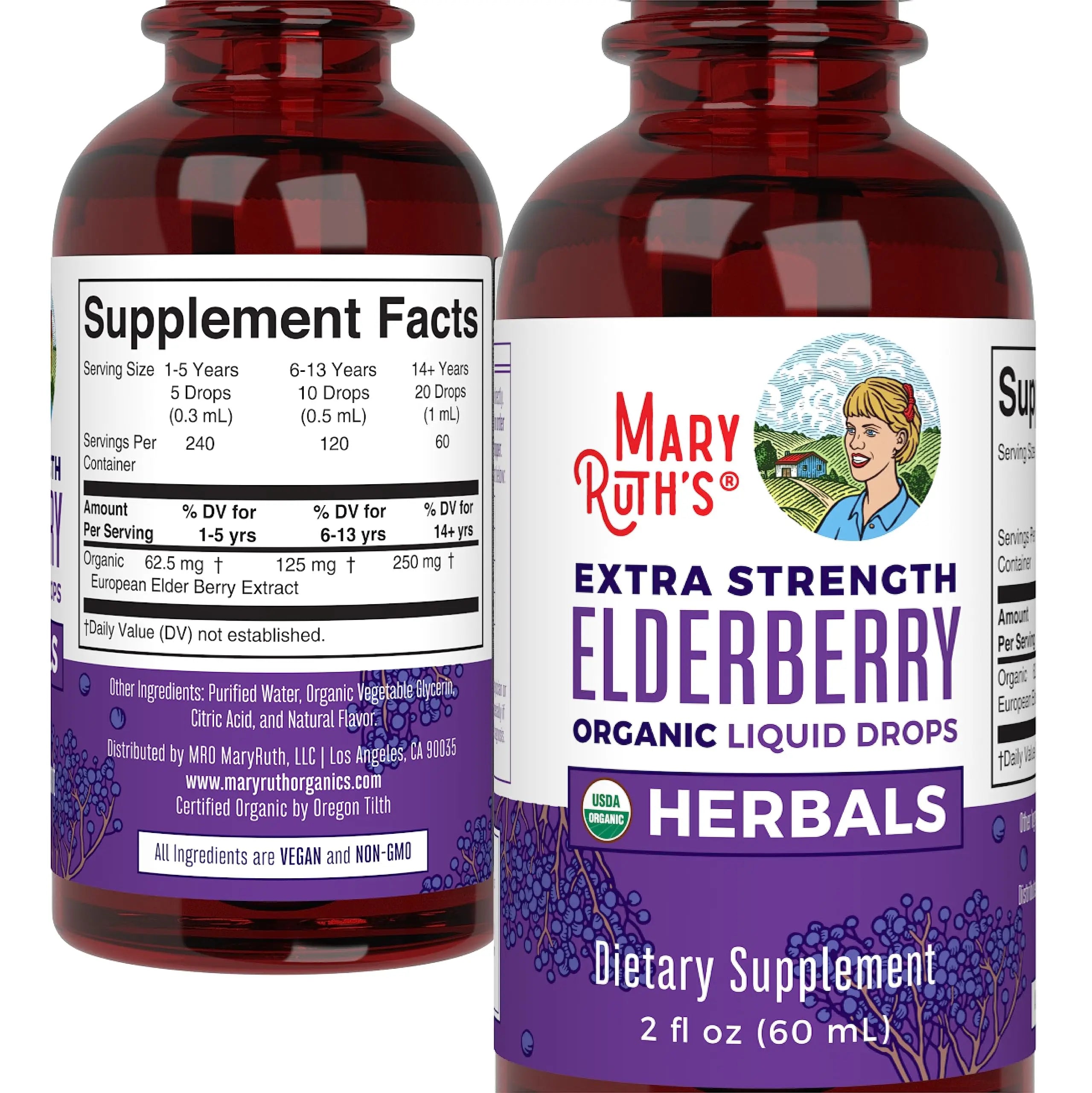 MaryRuth Organics Elderberry Syrup Extra Strength, USDA Organic Elderberry, Sugar Free Adults & Kids Immune Support Supplement for Ages 1+, Clean Label Project Verified®, Vegan, Gluten Free, 2 Fl Oz MARYRUTH'S Au supplements