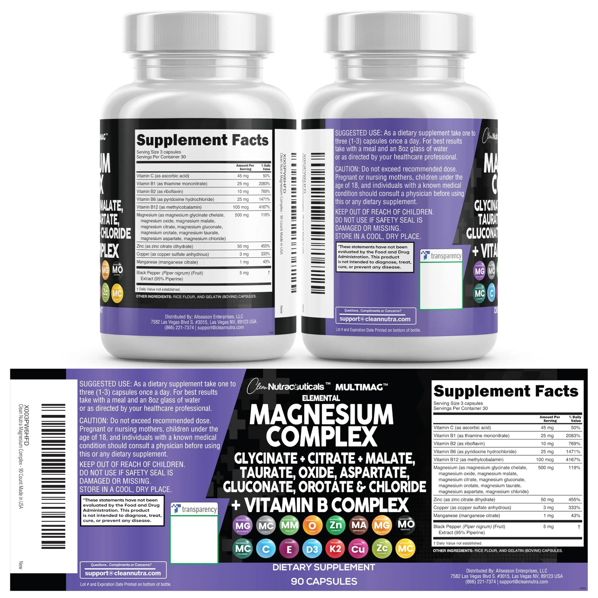 Clean Nutraceuticals Magnesium Complex with Magnesium Glycinate Citrate Malate Oxide Taurate Aspartate Orotate & Mag Chloride, Zinc Copper Manganese (90 Count (Pack of 2)) Clean Nutraceuticals Au supplements