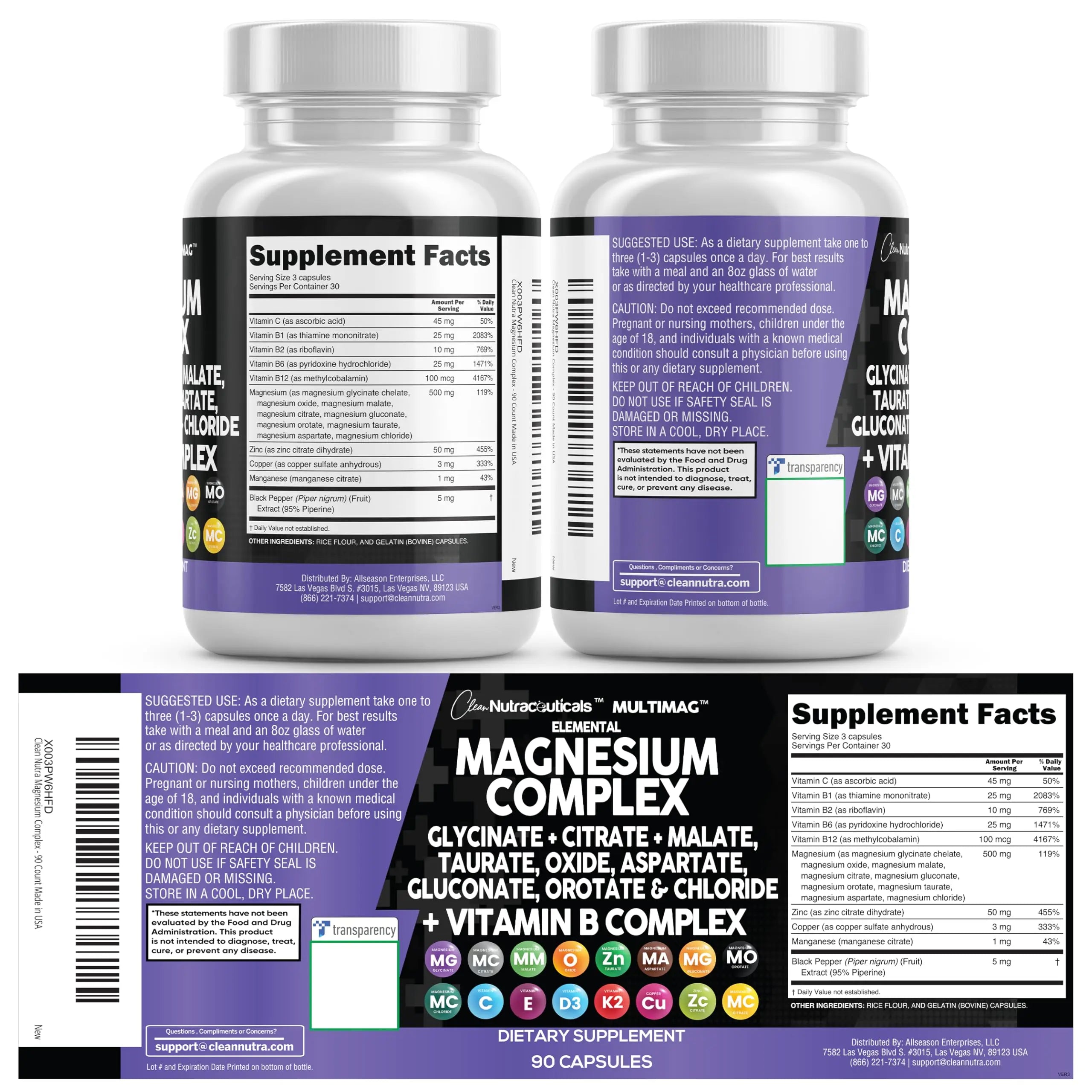 Clean Nutraceuticals Magnesium Complex with Magnesium Glycinate Citrate Malate Oxide Taurate Aspartate Orotate & Mag Chloride, Zinc Copper Manganese (90 Count (Pack of 2)) Clean Nutraceuticals Au supplements
