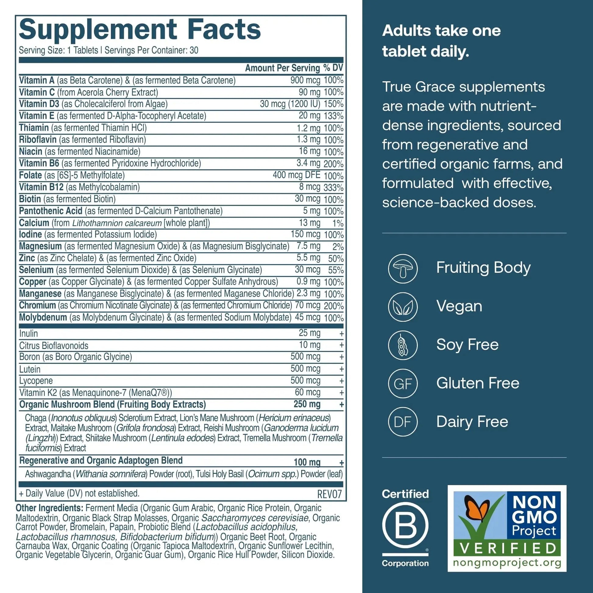 True Grace Men's 40+ One Daily Multivitamin Fermented Minerals, Organic Adaptogens & Mushrooms Whole Body Balance Immune True Grace Au supplements