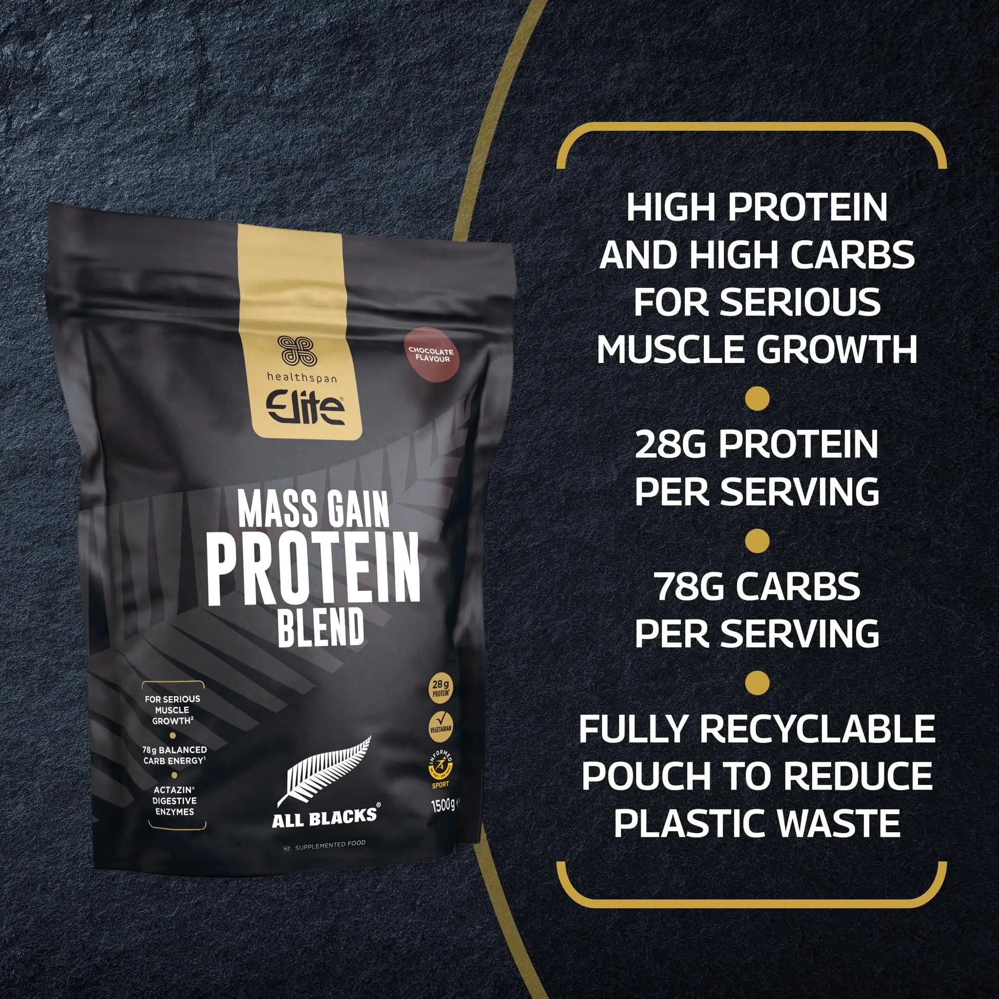 Healthspan Elite All Blacks Mass Gain Protein Blend (1500g) | Chocolate | 28g of Protein Healthspan Elite Au supplements