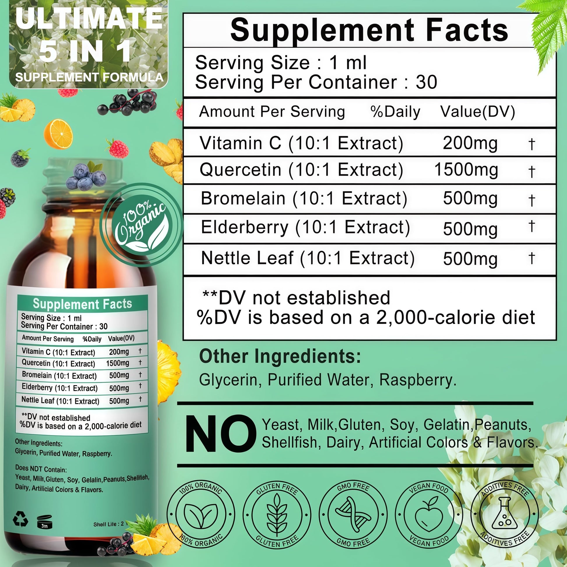 Quercetin Liquid Drops, Quercetin with Bromelain Elderberry Nettle Leaf Vitamin C Liquid Supplements, High Absorption Quercetin Liquid Drops for Women Men, Healthy Immune Antioxidant Support, Non-GMO Vita letuo Au supplements