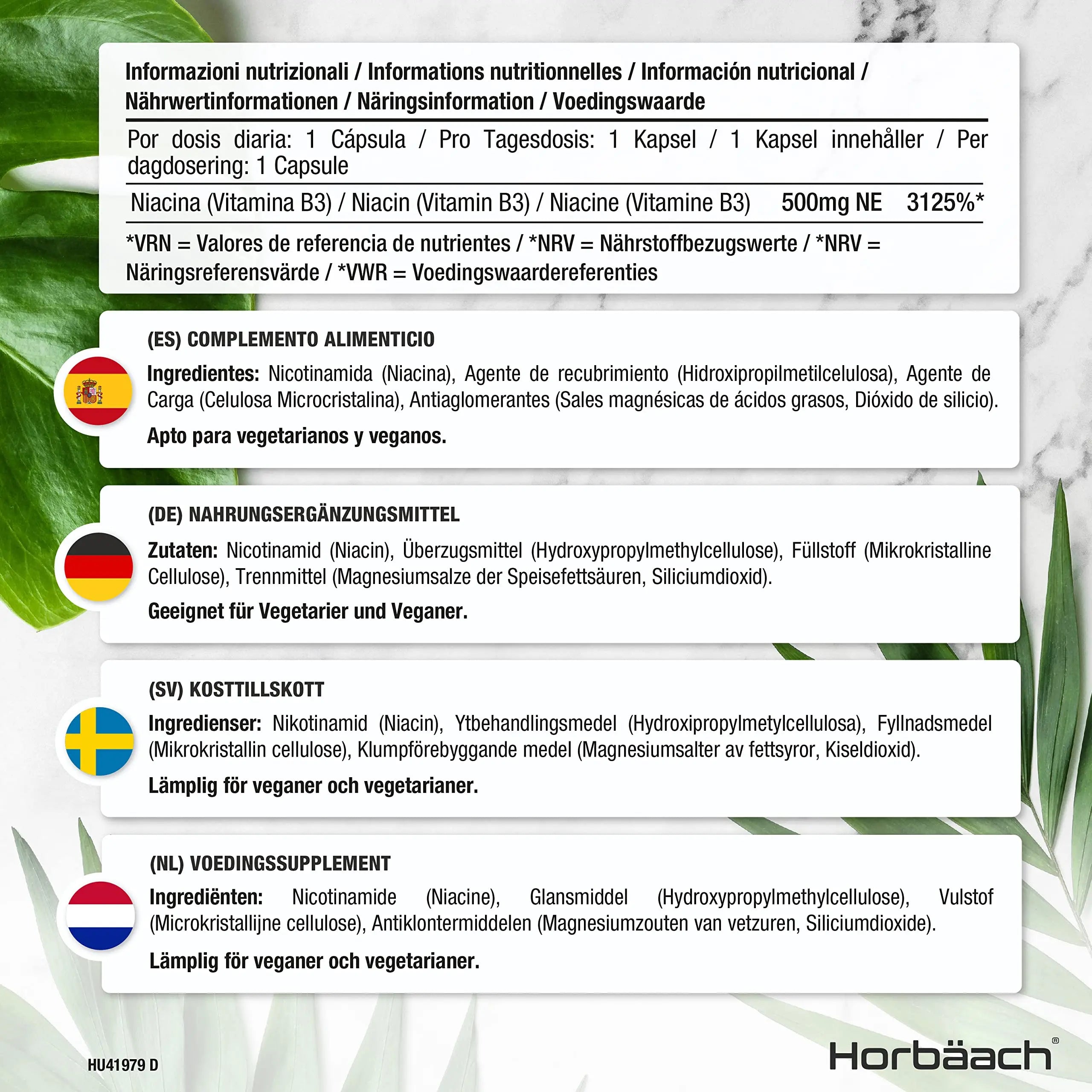 Vitamin B3 Niacin 500mg | 90 Vegan Capsules | Flush Free Nicotinamide Supplement Horbäach Au supplements