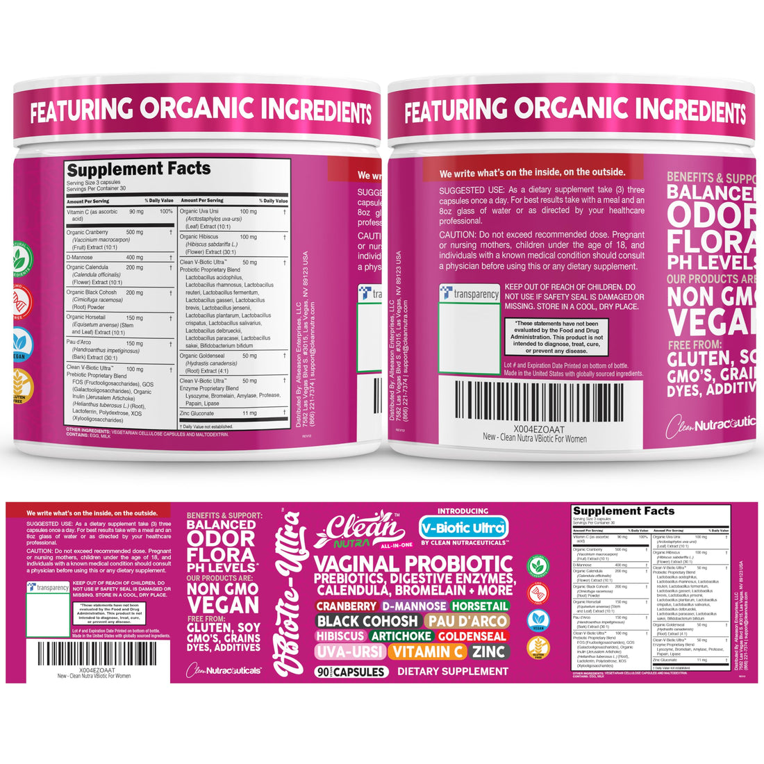 Clean Nutra Vaginal Probiotics for Women + Prebiotics Digestive Enzymes Bromelain Cranberry D Mannose Horsetail Black Cohosh Artichoke Hibiscus Flowers Probiotic for Digestive Health 90 Vegan Capsules Clean Nutraceuticals Au supplements