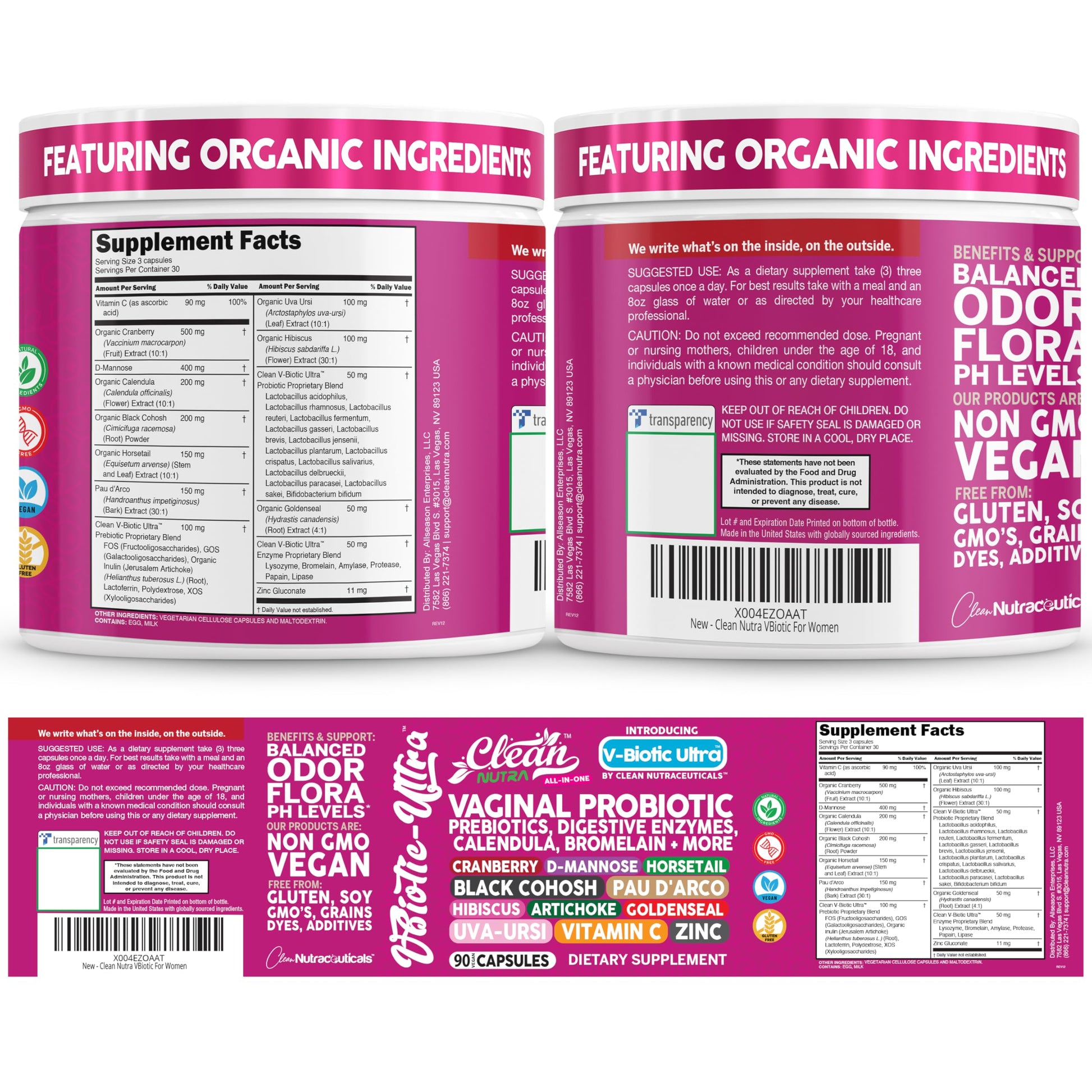 Clean Nutra Vaginal Probiotics for Women + Prebiotics Digestive Enzymes Bromelain Cranberry D Mannose Horsetail Black Cohosh Artichoke Hibiscus Flowers Probiotic for Digestive Health 90 Vegan Capsules Clean Nutraceuticals Au supplements