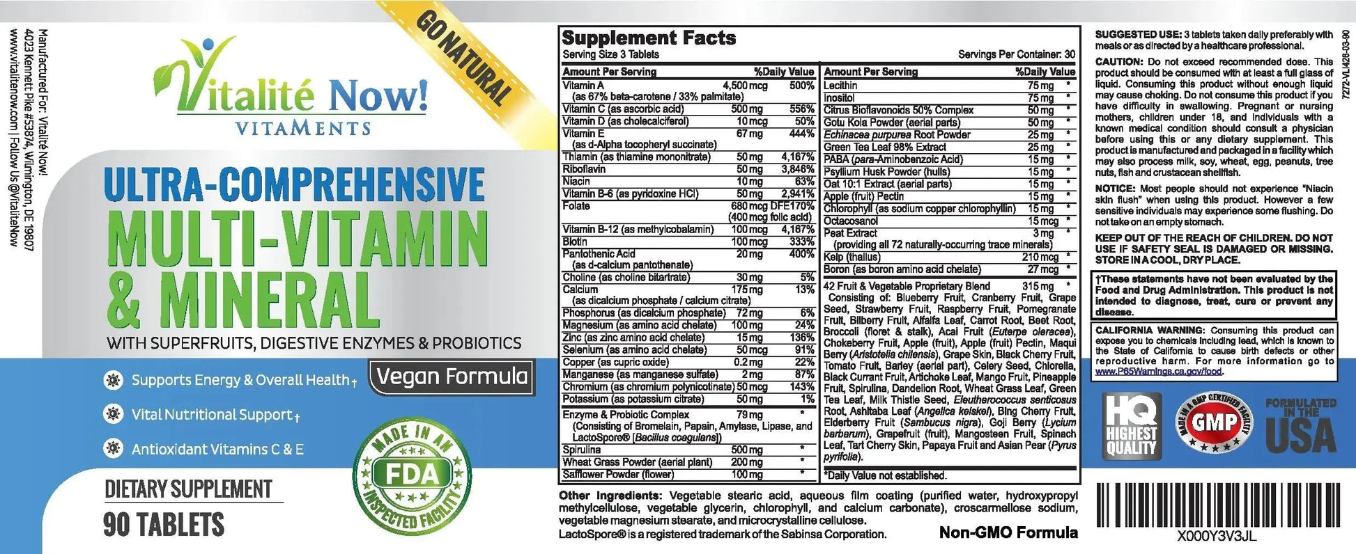 Vegan Whole Food Multivitamin & Mineral - Vitamins A B1 B2 B6 B12 C D3 E & 110 Super Foods, Herbs, Greens & Reds Vitalité Now! Au supplements