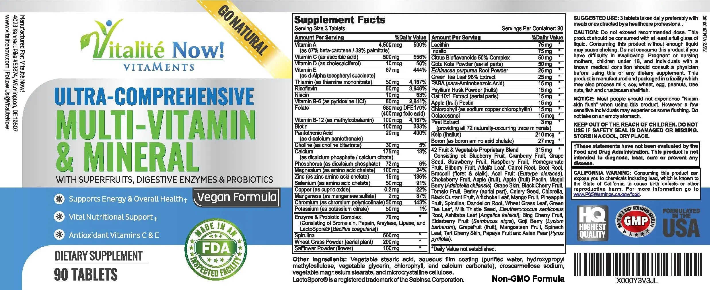 Vegan Whole Food Multivitamin & Mineral - Vitamins A B1 B2 B6 B12 C D3 E & 110 Super Foods, Herbs, Greens & Reds Vitalité Now! Au supplements