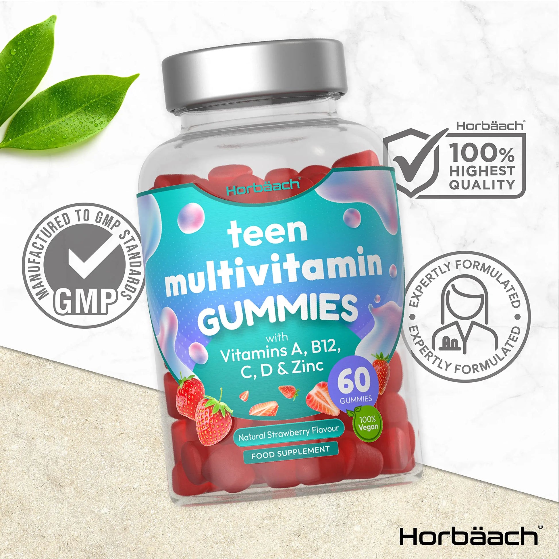Multivitamins for Teens | 60 Vegan Gummies | 14 Essential Nutrients | with Vitamin A, B12 Horbäach Au supplements