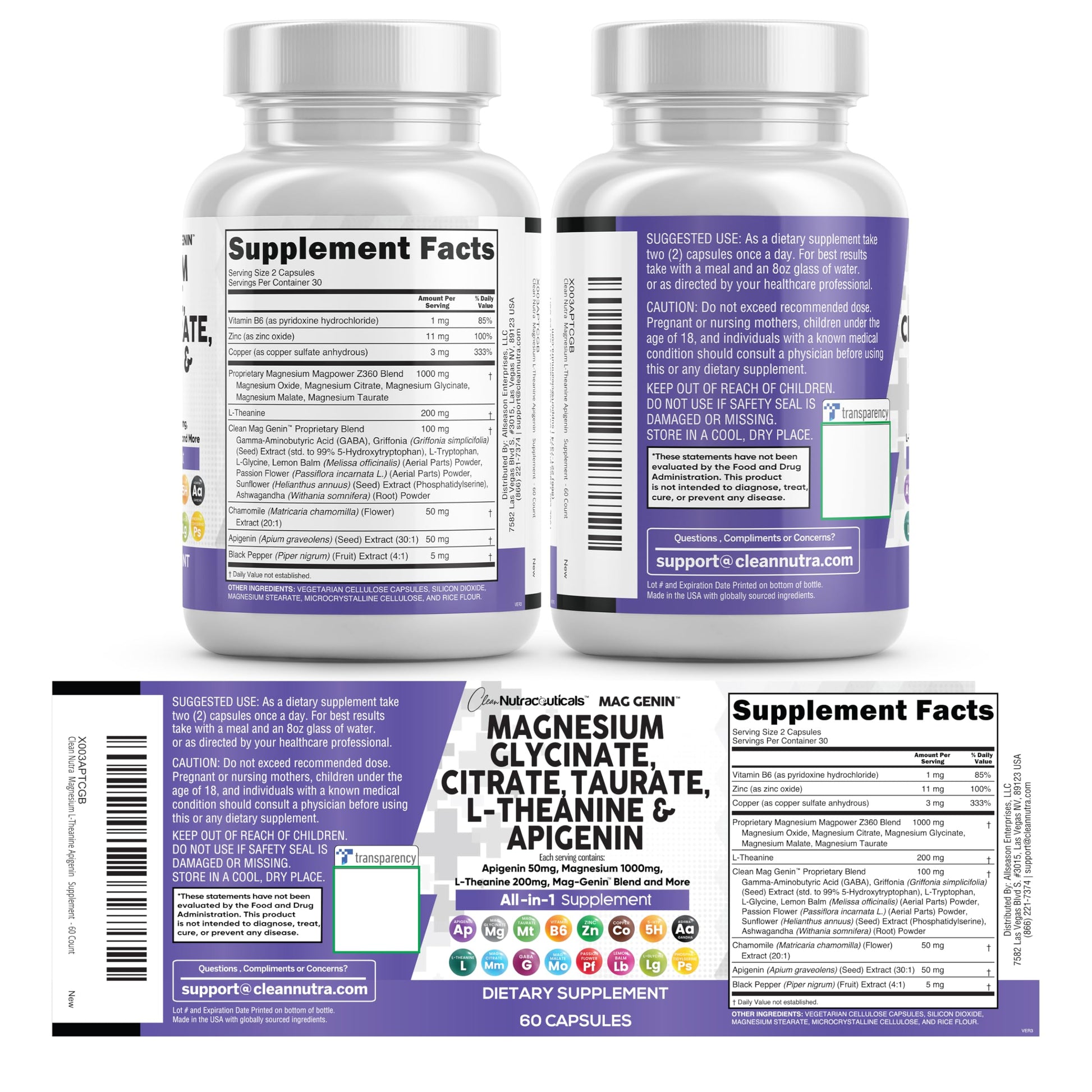 Clean Nutraceuticals Magnesium Glycinate Complex 1000mg with L-Theanine 200mg Apigenin 50mg Citrate Taurate Supplement - 5-HTP GABA Passion Flower Lemon Balm L-Glycine Phosphatidylserine - 60 Count Clean Nutraceuticals Au supplements
