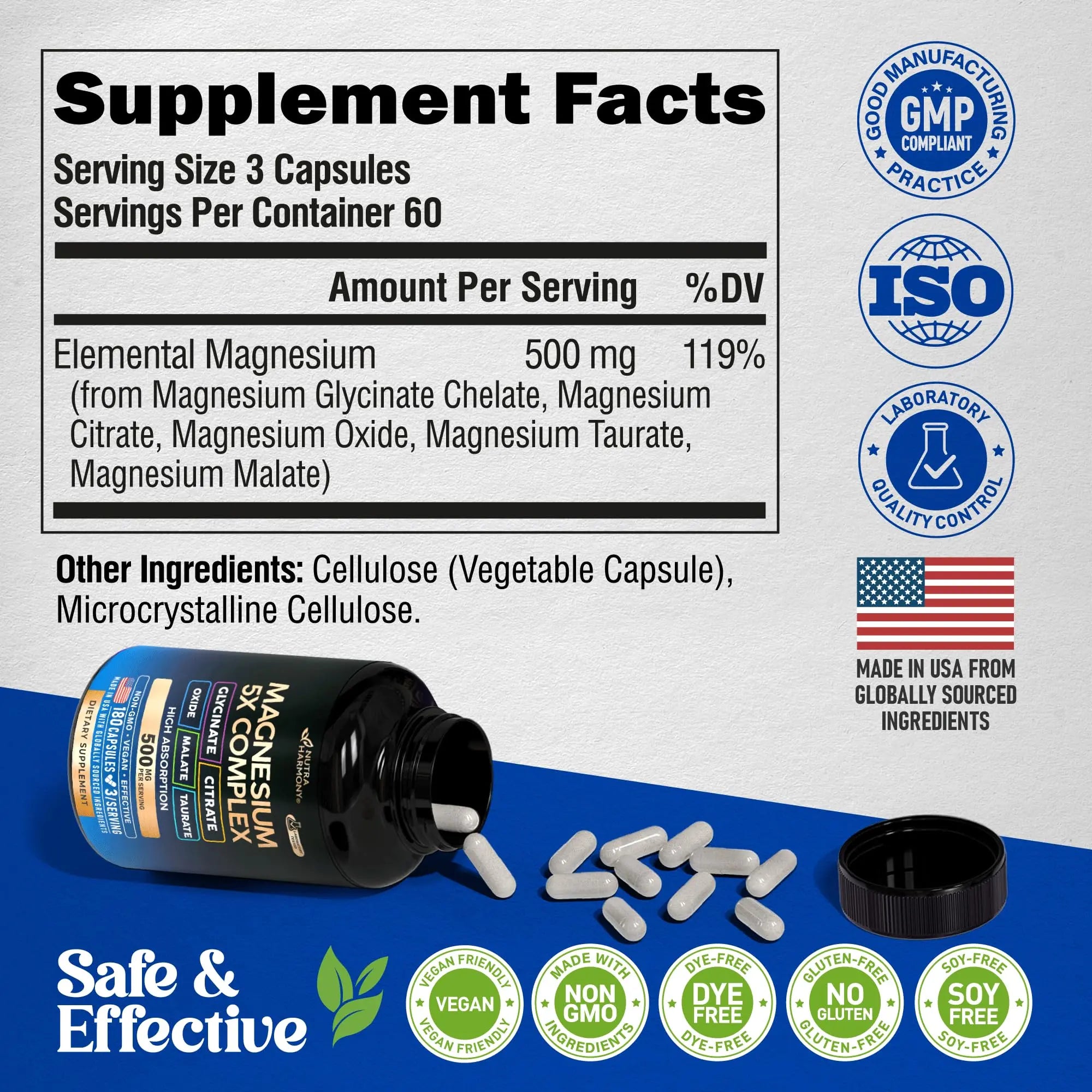 Magnesium Supplement - 5 in 1 Complex | Glycinate | Citrate | Malate | Taurate | Oxide - Made in USA - Stress, Muscle & Heart Support - Vegan, Natural, Non-GMO - 180 Capsules, 2 Month Supply NUTRAHARMONY Au supplements