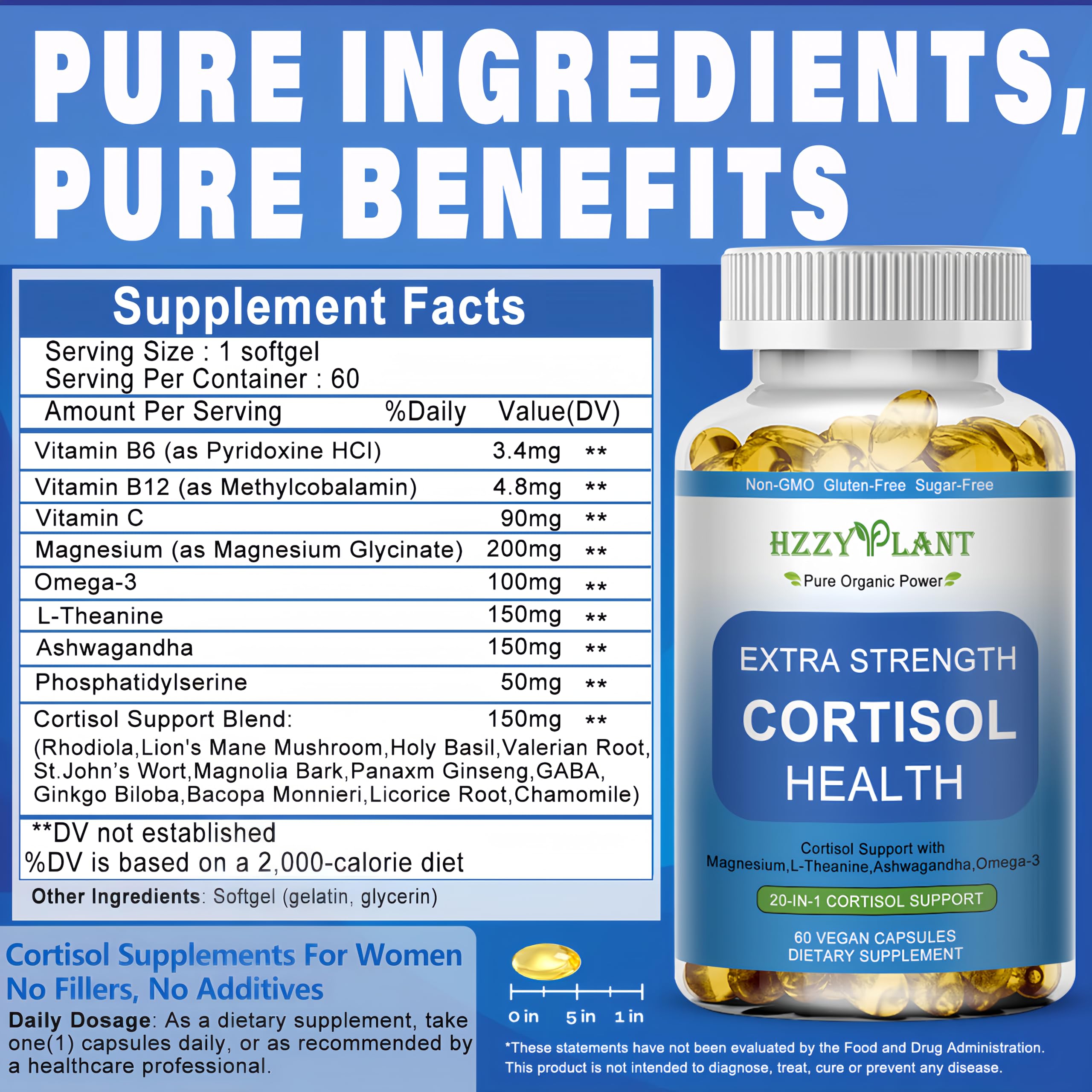 Cortisol Supplements for Women and Men Softgels with Phosphatidylserine Magnesium Ashwagandha L-Theanine,High Absorption Cortisol Detox Capsules for Sleep Relaxation Stress Relief,Non-GMO,60 Servings HZZYPLANT Au supplements