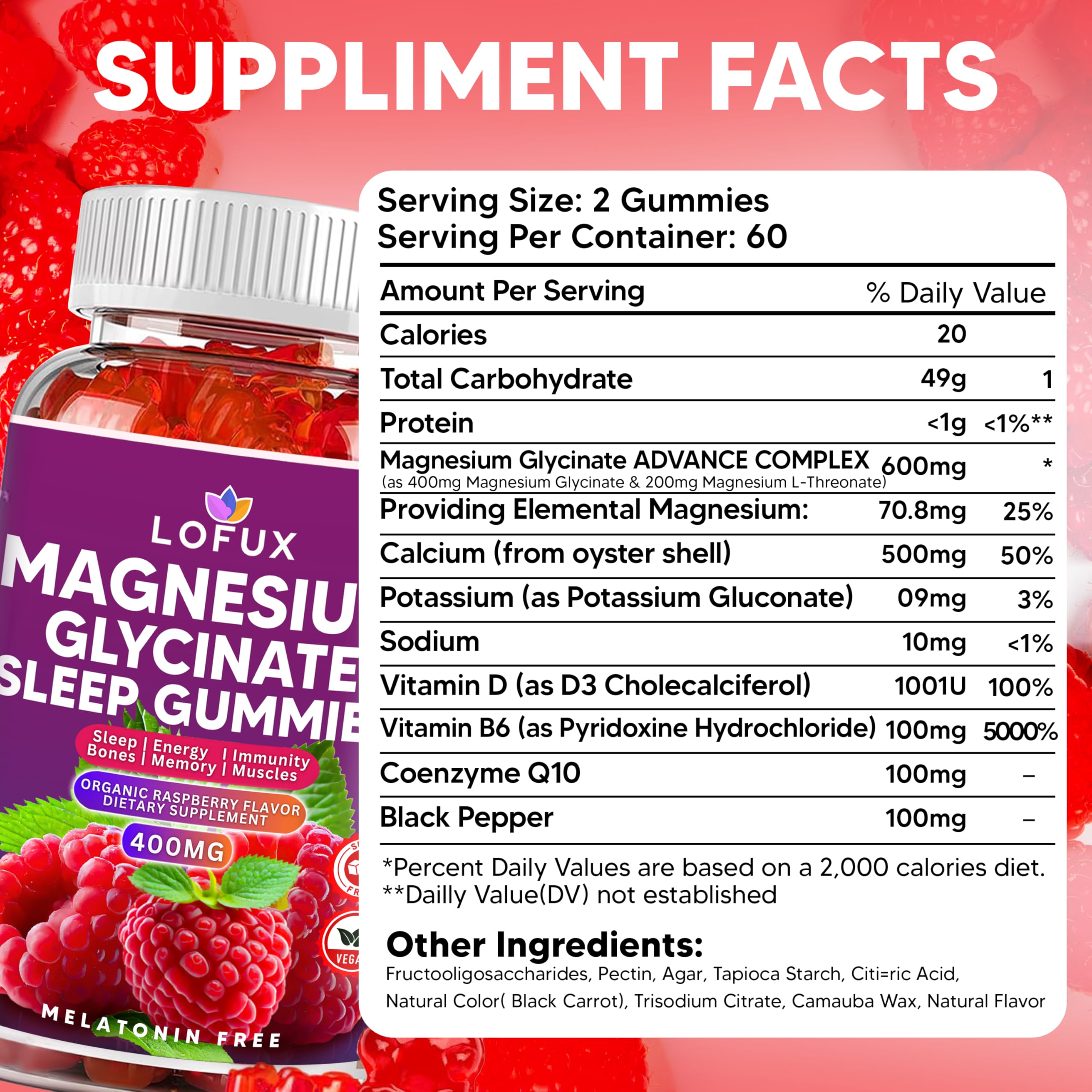 Lofux Magnesium Glycinate Gummies 400mg, Sugar Free Magnesium Gummies for Adults Women, Men, Chewable Supplement Gummy with L-Threonate, Vitamin D, B6, CoQ10 - for Calm, Sleep, Body Relaxation, 120 Ct Lofux Au supplements