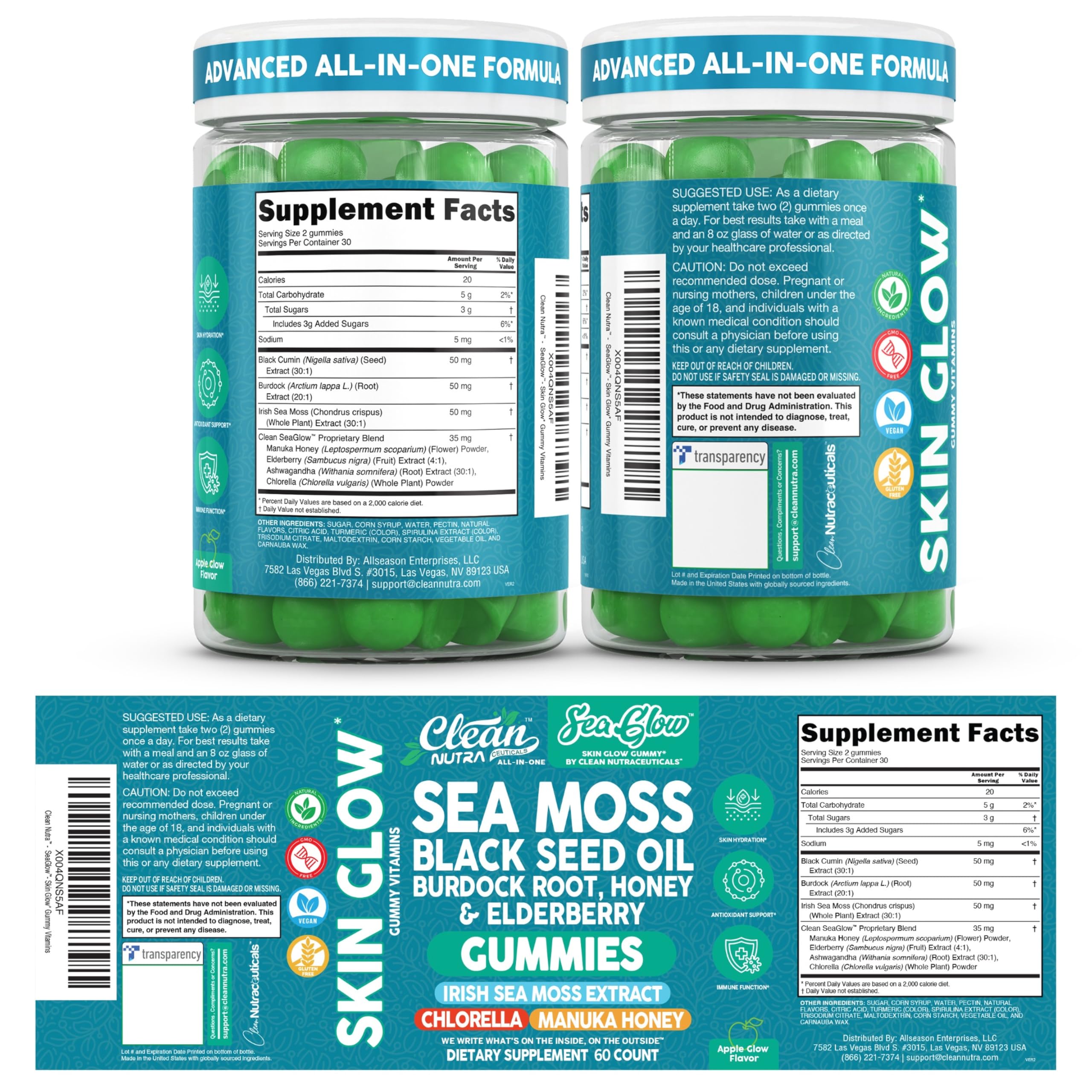 Clean Nutra Sea Moss Gummies Black Seed Oil Chlorella Ashwagandha Root Hair Growth Skin Glow Irish Sea Moss Elderberry Burdock Manuka Honey Trace Minerals Detox 60 Gummy Vitamins Sea Glow Supplement Clean Nutraceuticals Au supplements
