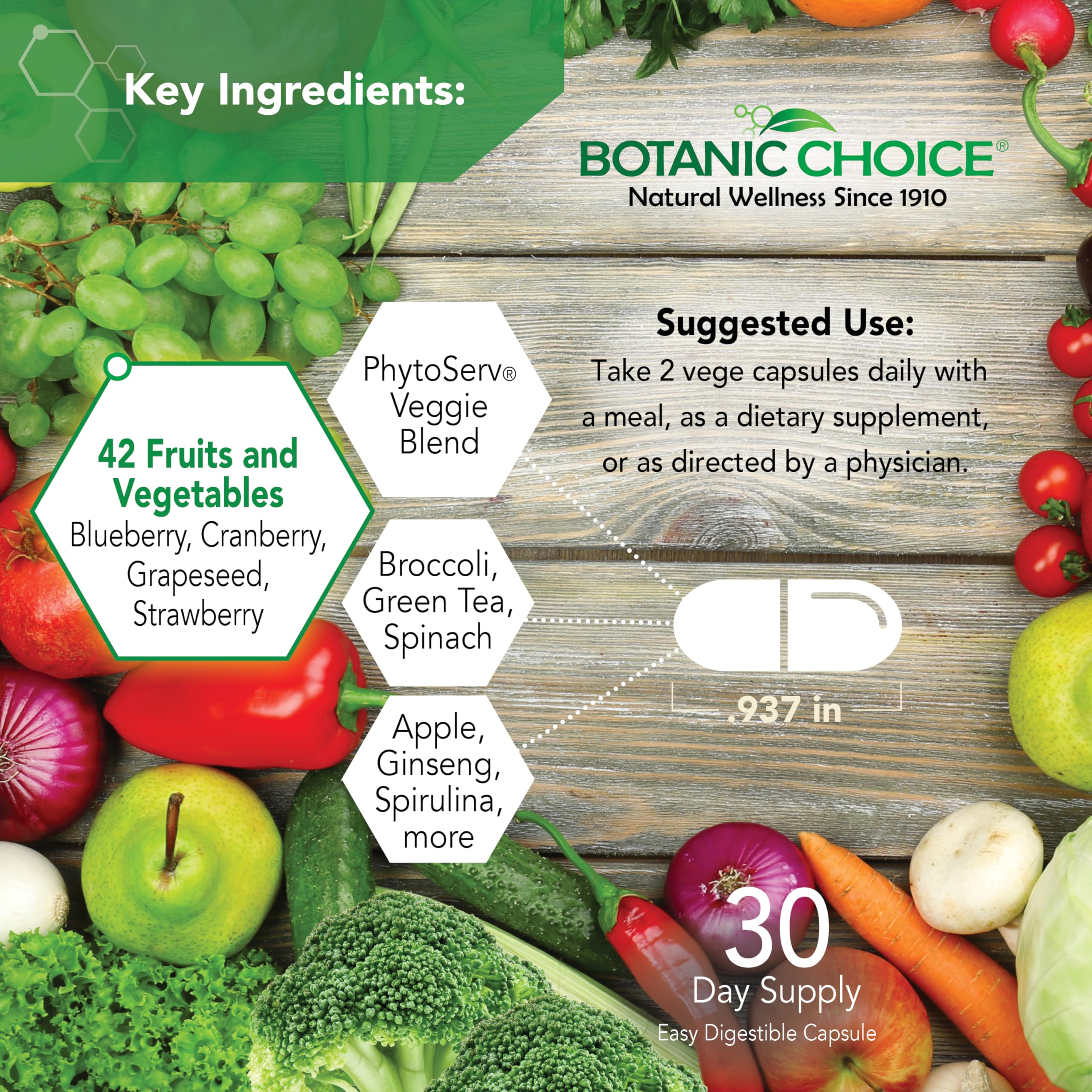 Botanic Choice Since 1910 - Mega Fruits & Veggies Blend - 42 Fruits and Vegetables - 2 Caps Daily - 60 Count Supplement Botanic Choice Au supplements