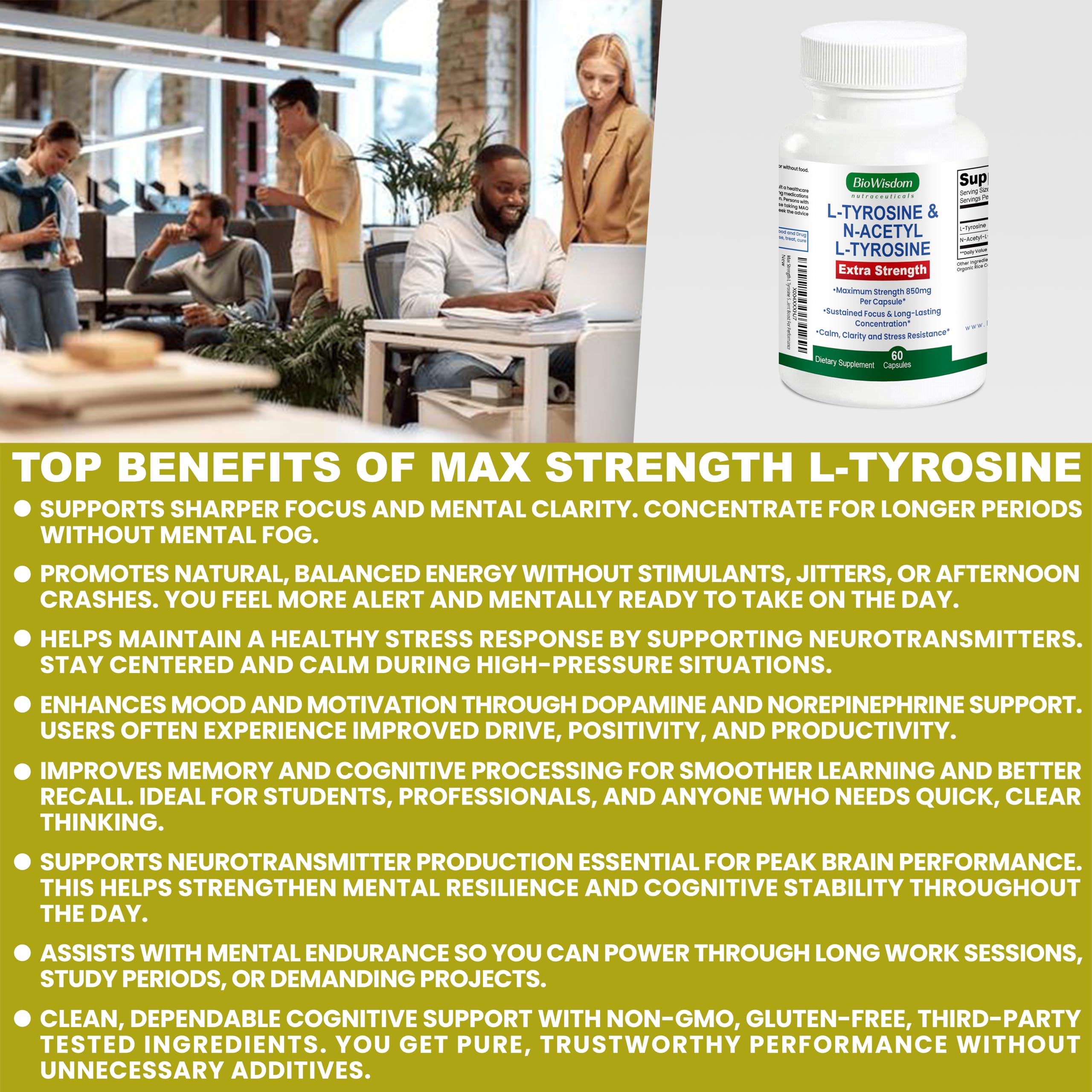 Max Strength L Tyrosine Supplement & N Acetyl L Tyrosine Peak Focus, Alertness, Concentration, Body & Mind Energy. L-Tyrosine 850mg Per 1 Capsule. A Well-Being Nutrient Boost For Performance BioWisdom Nutraceuticals Au supplements