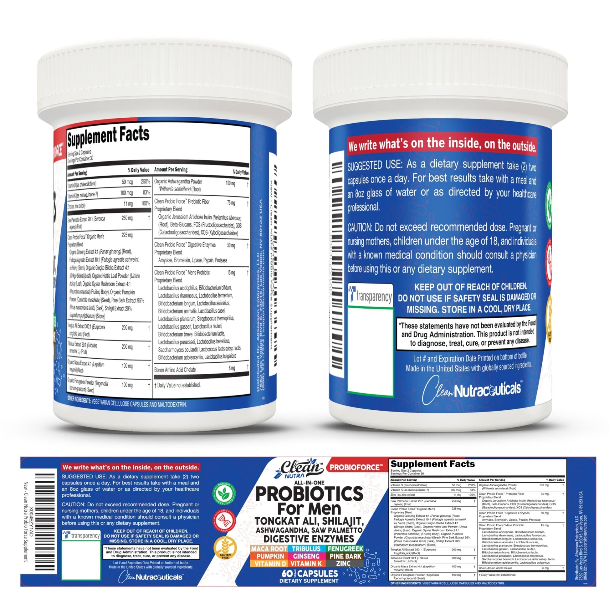 Clean Nutra Probiotics for Men | Tongkat Ali, Saw Palmetto, Tribulus, Ginseng, Ashwagandha, Maca, Pumpkin, Gingko Biloba, Pine Bark, Fenugreek, Shilajit, Zinc - Mens Probiotic 60 Capsules Clean Nutraceuticals Au supplements