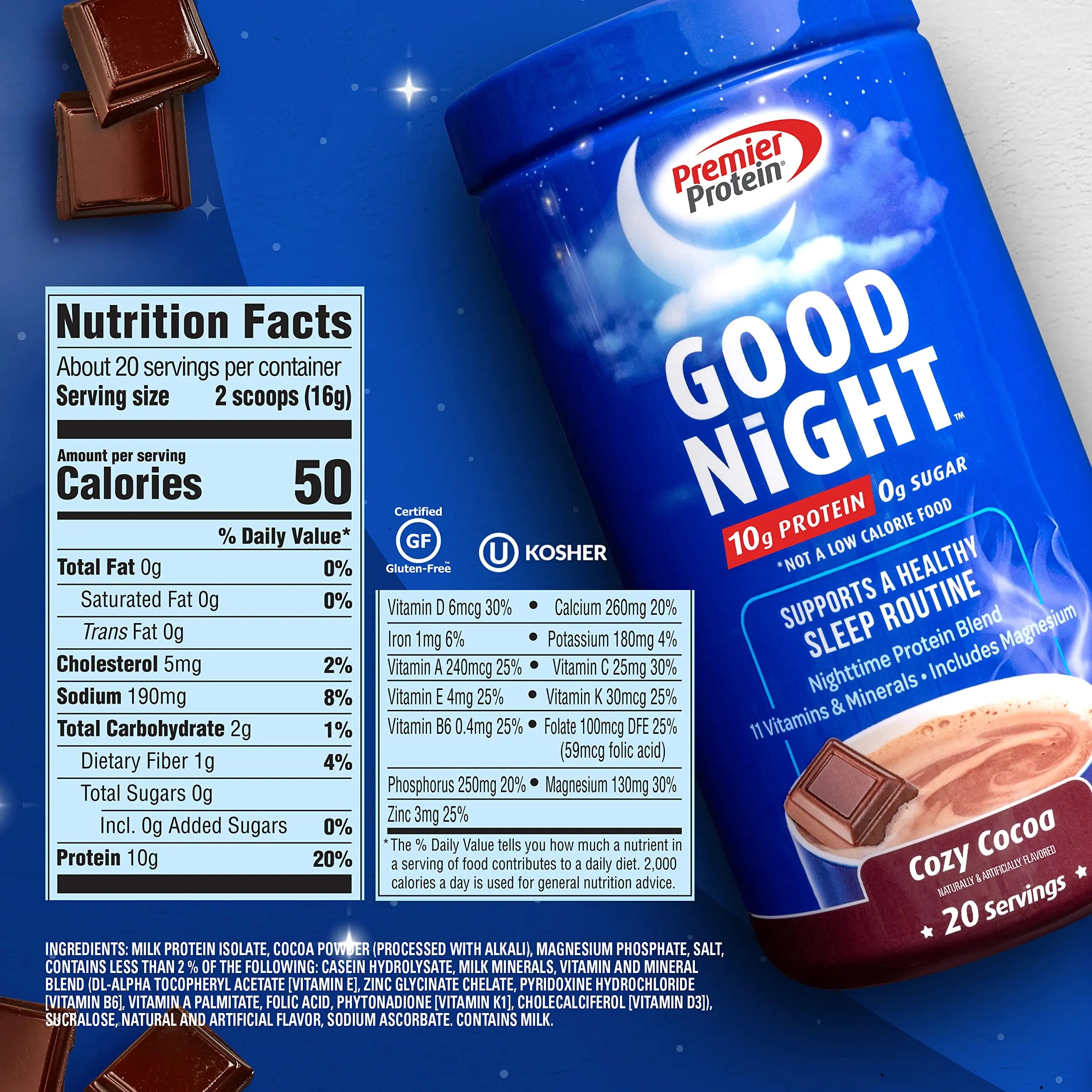 Premier Protein Good Night Protein Powder, Hot Cocoa Mix, 10g Protein, 0g Sugar Premier Protein Au supplements