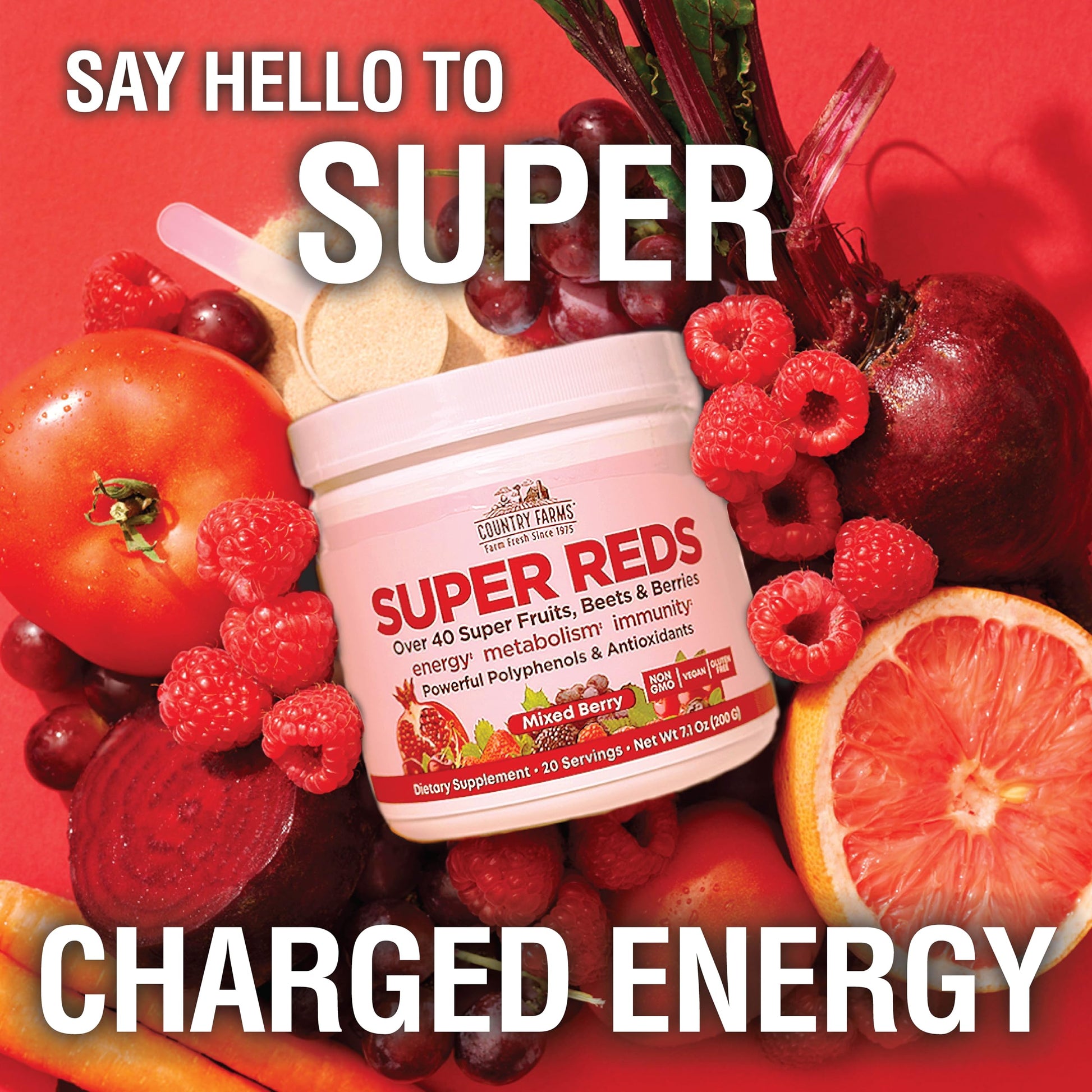 COUNTRY FARMS Super Reds, Energizing Polyphenol Superfood, 48 Super Fruits and Berries, Powerful Antioxidants and Polyphenols, Supports Energy, 20 Servings, Mixed Berry Flavor Country Farms Au supplements
