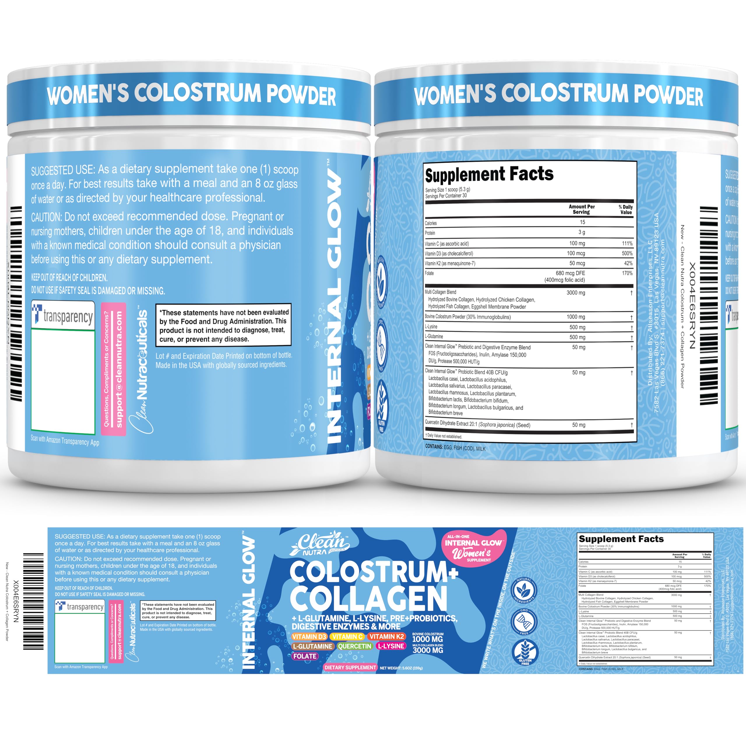 Bovine Colostrum Powder + Collagen Peptides with L-Glutamine L-Lysine Prebiotics Probiotics Digestive Enzymes Vitamin D K2 C Quercetin & Folate | Gut Health Supplement Internal Glow By Clean Nutra Clean Nutraceuticals Au supplements