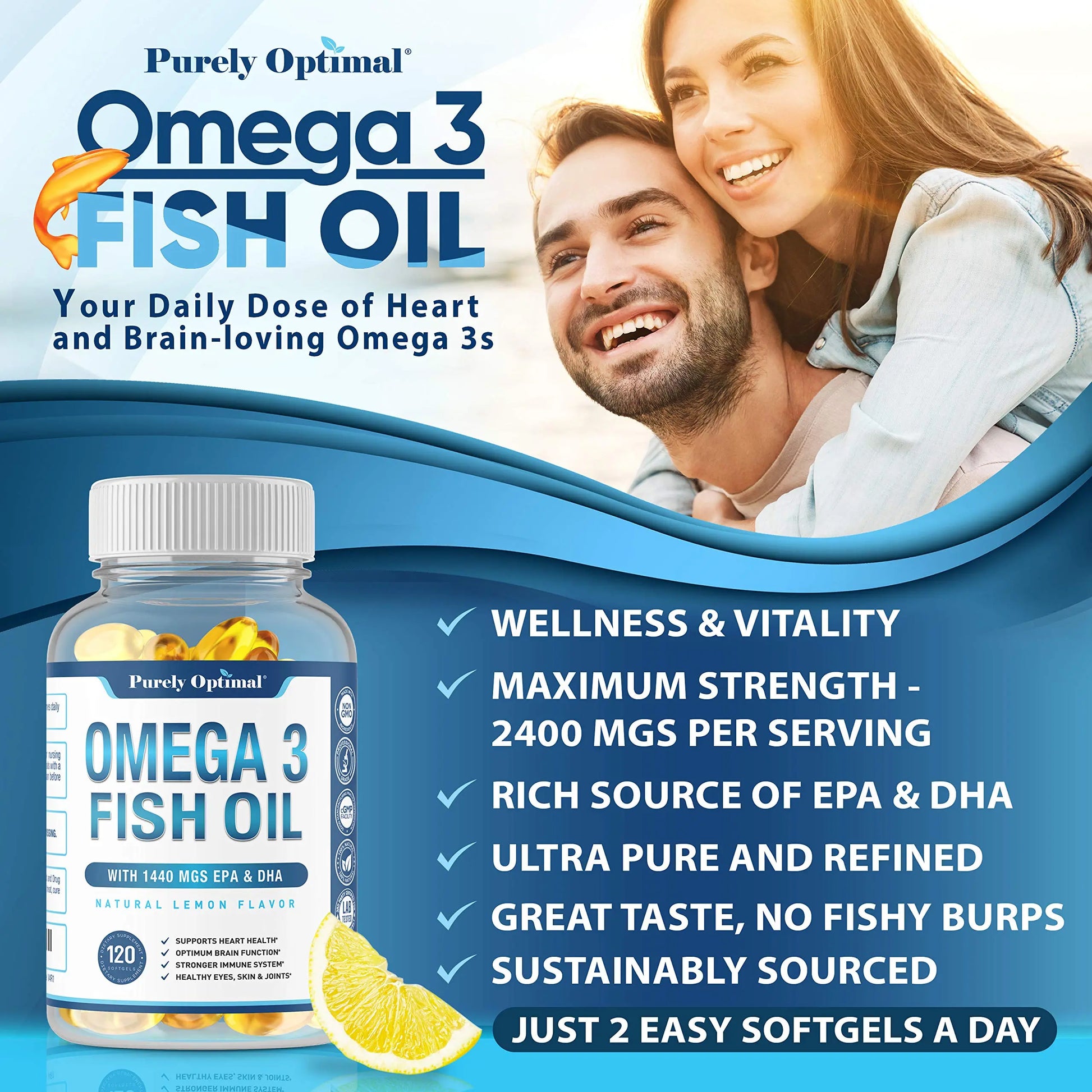 Premium Omega 3 Fish Oil Supplement 2400mg - Burpless Fish Oil Omega3 Softgels Purely Optimal Au supplements