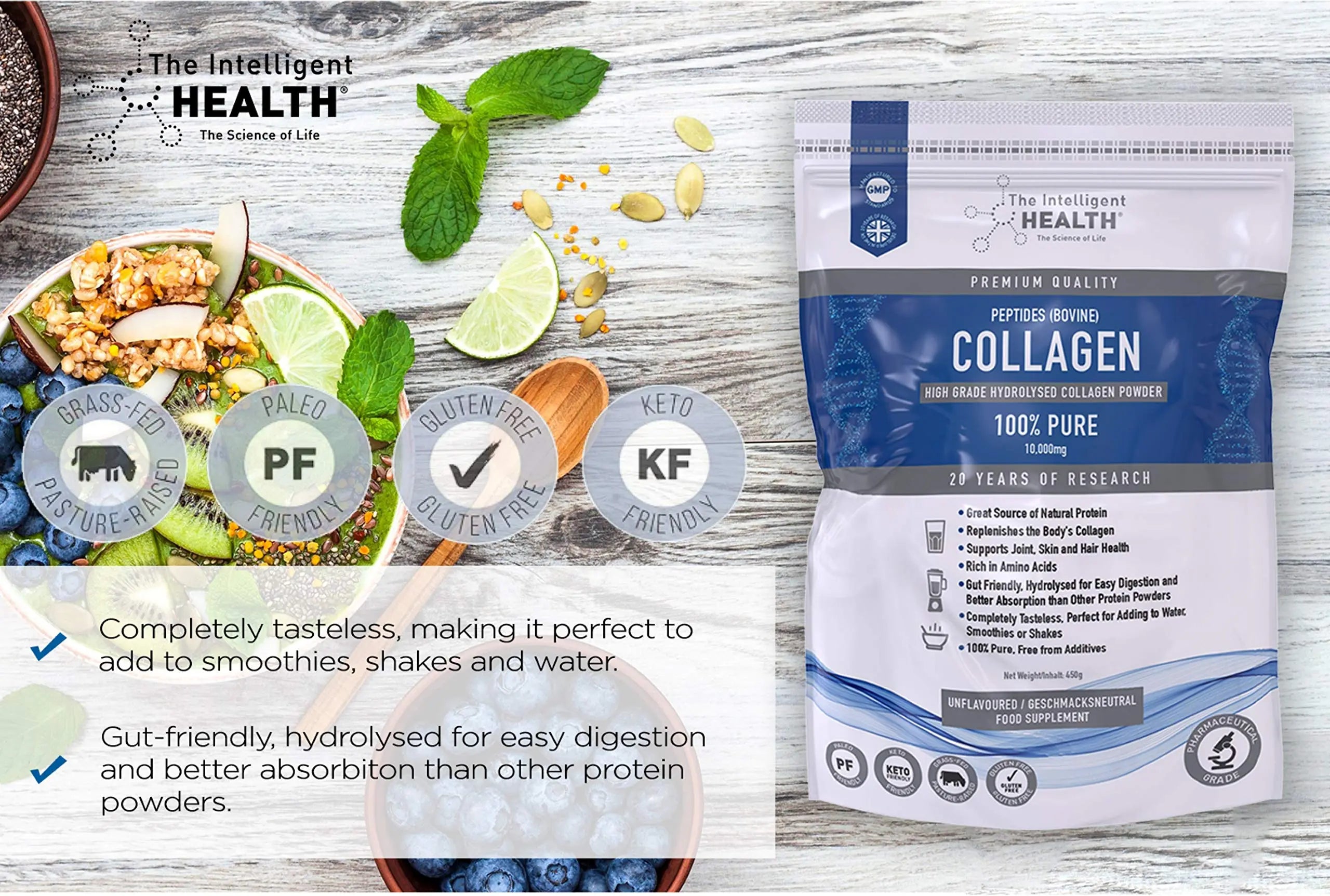 Hydrolysed Collagen Powder (Bovine) - High Protein Grass Fed Unflavoured Peptides The Intelligent Health Au supplements