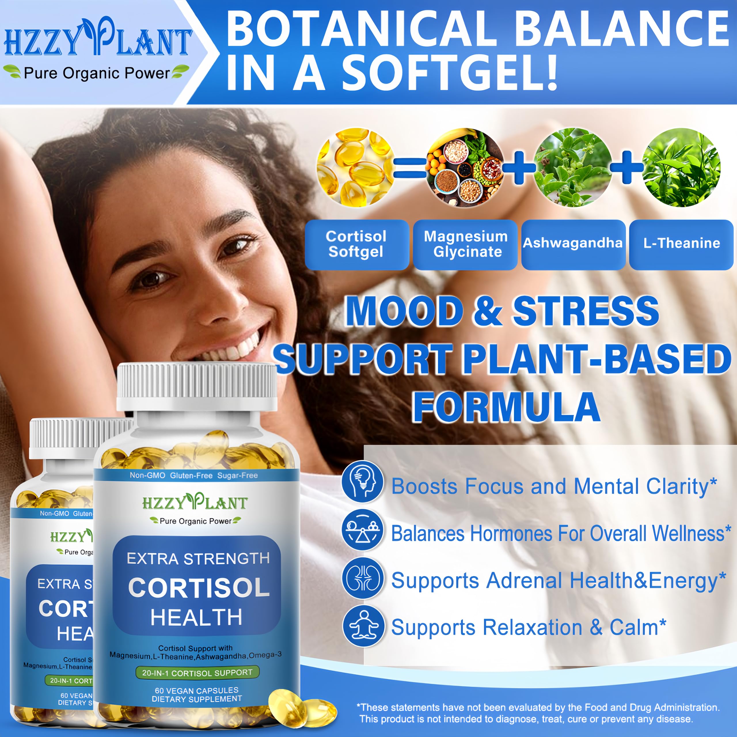 Cortisol Supplements for Women and Men Softgels with Phosphatidylserine Magnesium Ashwagandha L-Theanine,High Absorption Cortisol Detox Capsules for Sleep Relaxation Stress Relief,Non-GMO,60 Servings HZZYPLANT Au supplements