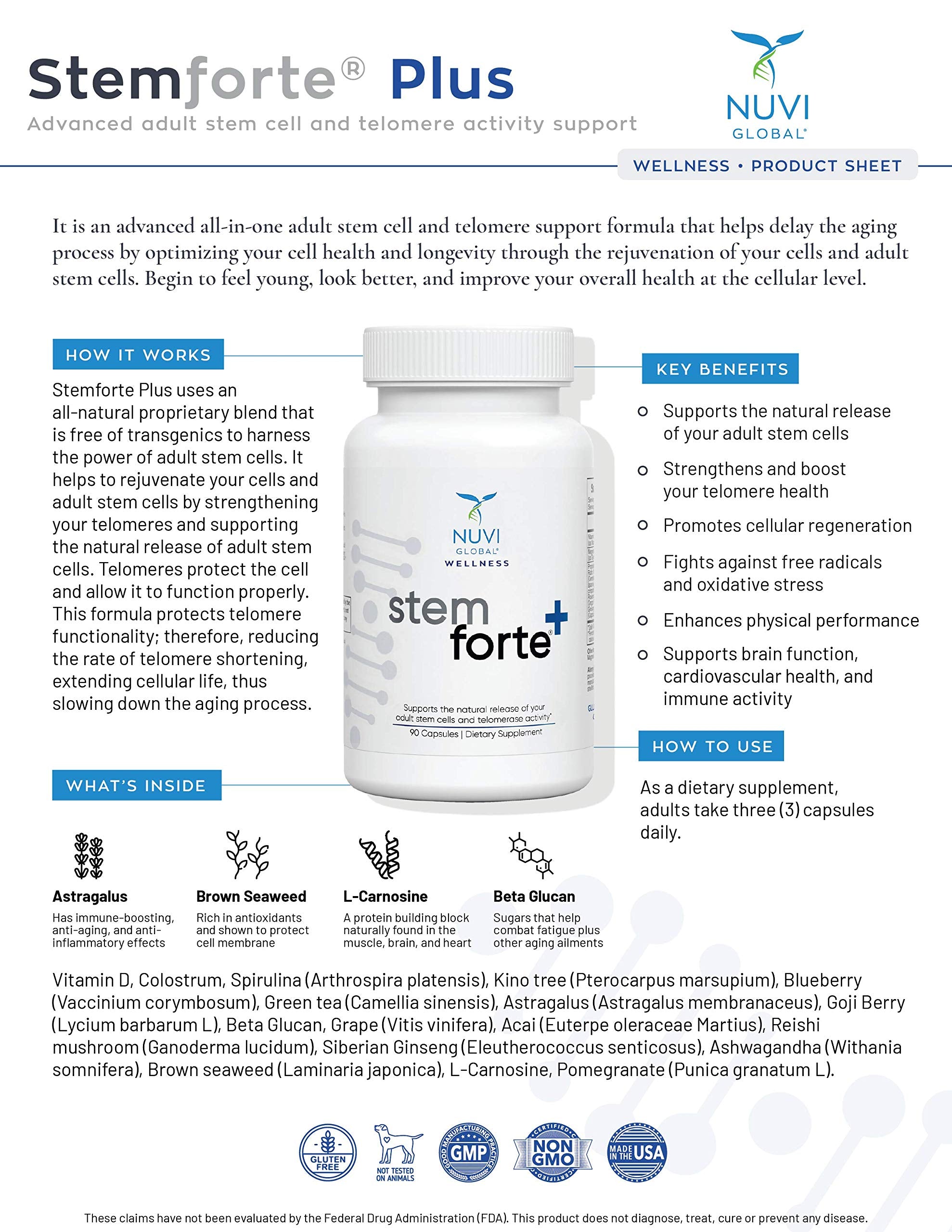 NuVi Global Stemforte Plus Stem Cell and Telomere Supplements – Cell Regeneration, Cell Growth & Telomere Support for Healthy Aging & Cellular Health – 90 Capsules for Men & Women NuVi Global Au supplements
