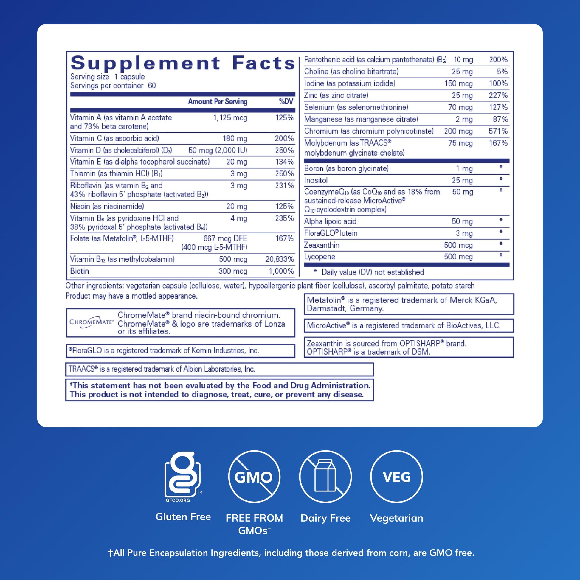 Pure Encapsulations O.N.E. Multivitamin - Once Daily Multivitamin with Antioxidant Complex Metafolin, CoQ10, and Lutein to Support Vision, Cognitive Function, and Cellular Health* - 60 Capsules Pure Encapsulations Au supplements