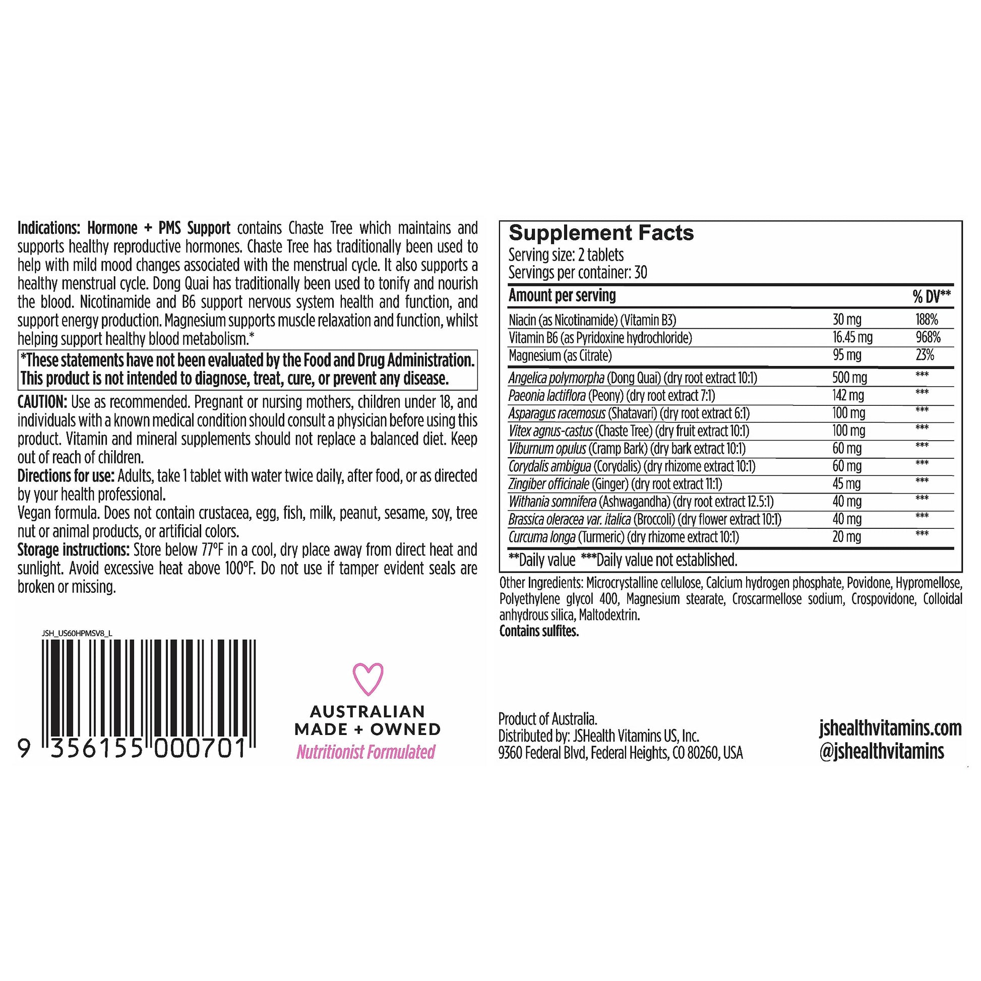 JSHealth Vitamins Hormone Balance for Women and PMS Support Supplement - Premenstrual Symptom Relief with Vitamins B3, B6 & Magnesium (60) JSHealth Au supplements