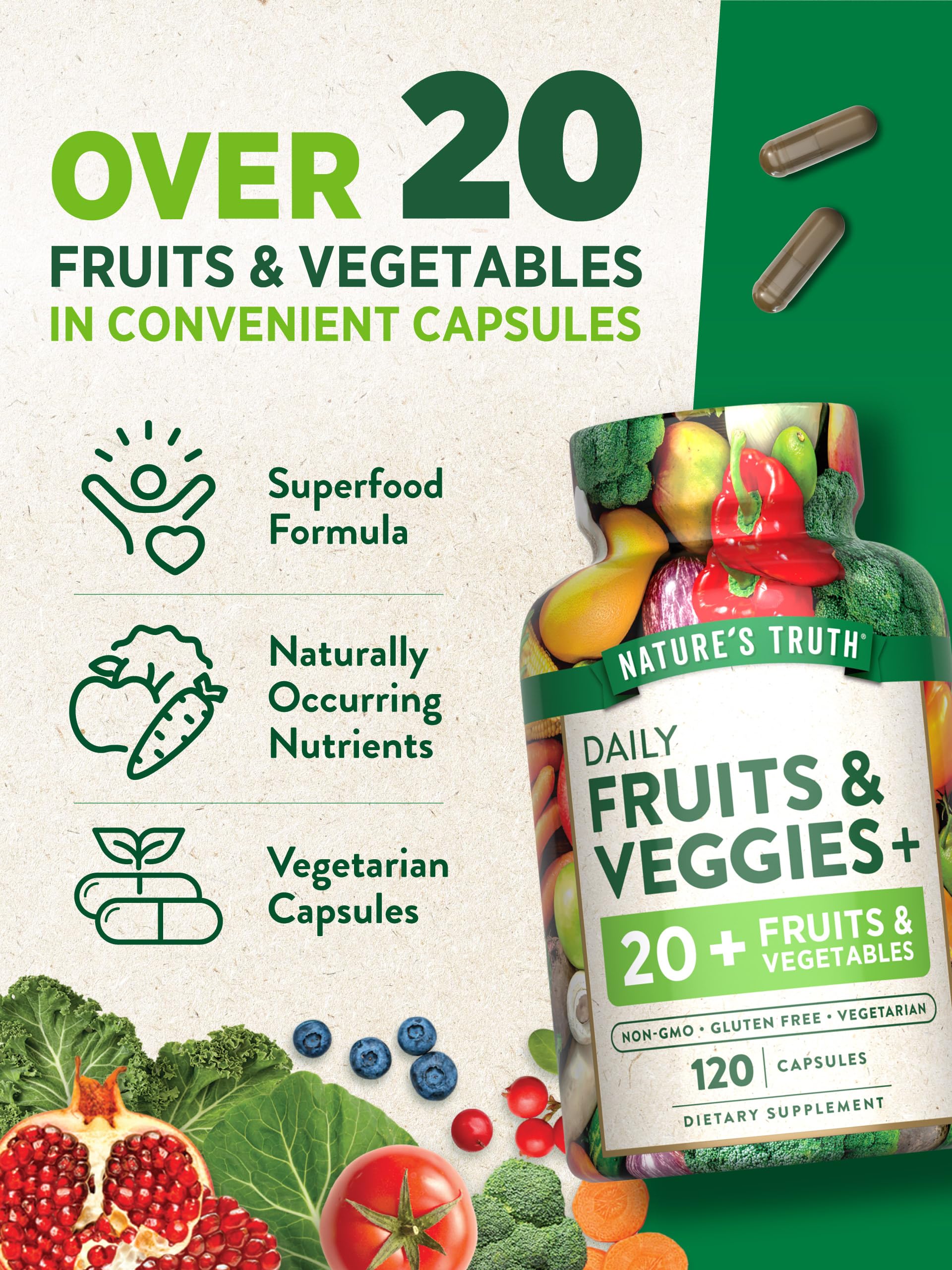 Nature's Truth Fruit and Veggies Supplement | 120 Vegetarian Capsules | 20+ Fruits & Vegetables | Vegetarian, Non-GMO, and Gluten Free Supplement Nature's Truth Au supplements