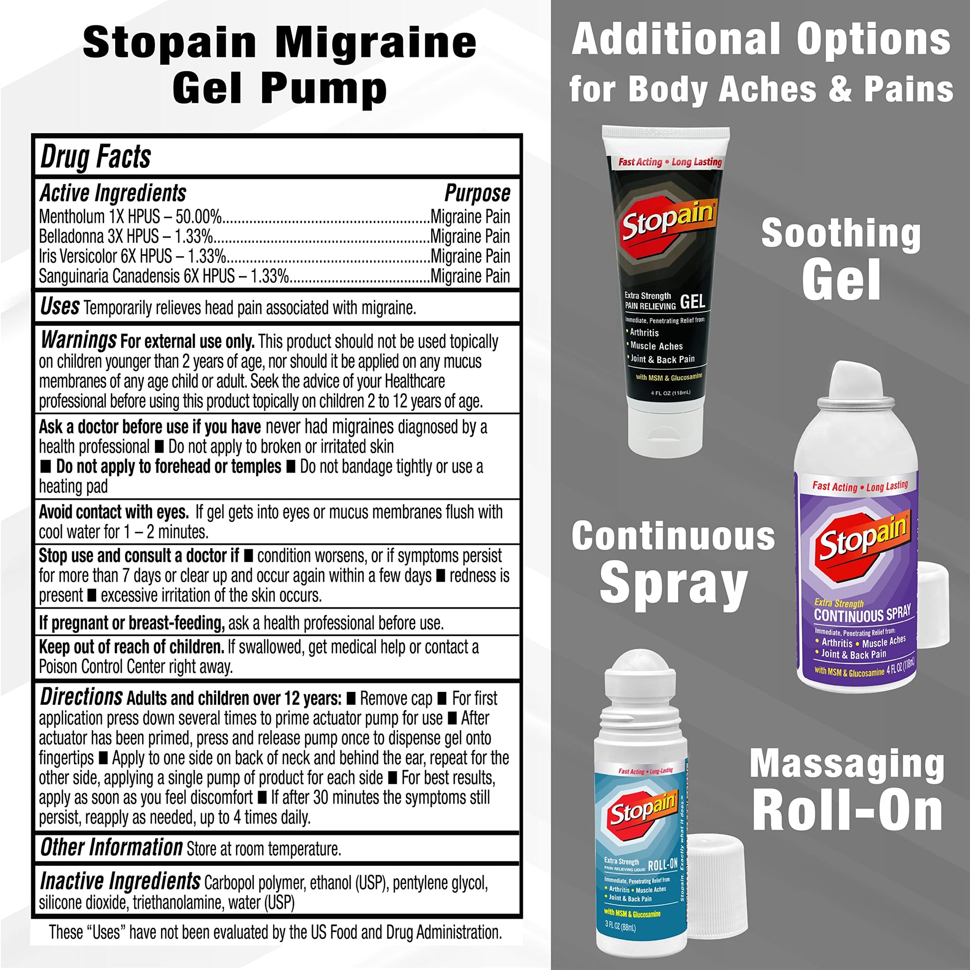 Stopain Migraine Pain Relief Gel Pump, 1.62oz (2 Pack), USA Made, Max Strength Fast Acting Research Proven Effective Topical, No Known Side Effects or Drug Interactions, HSA FSA Approved Products Stopain Au supplements