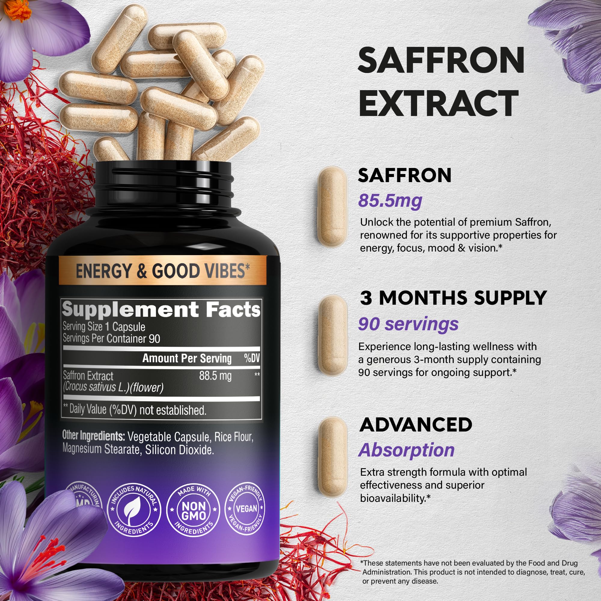 Natural Saffron Supplements - Pure Saffron Extract 88.5 mg - Made in USA - Mood | Focus | Vision | Energy Support - Eye Health for Women & Men - NonGMO Vegan Pills - 90 Powder Capsules, 3 Month Supply NUTRAHARMONY Au supplements