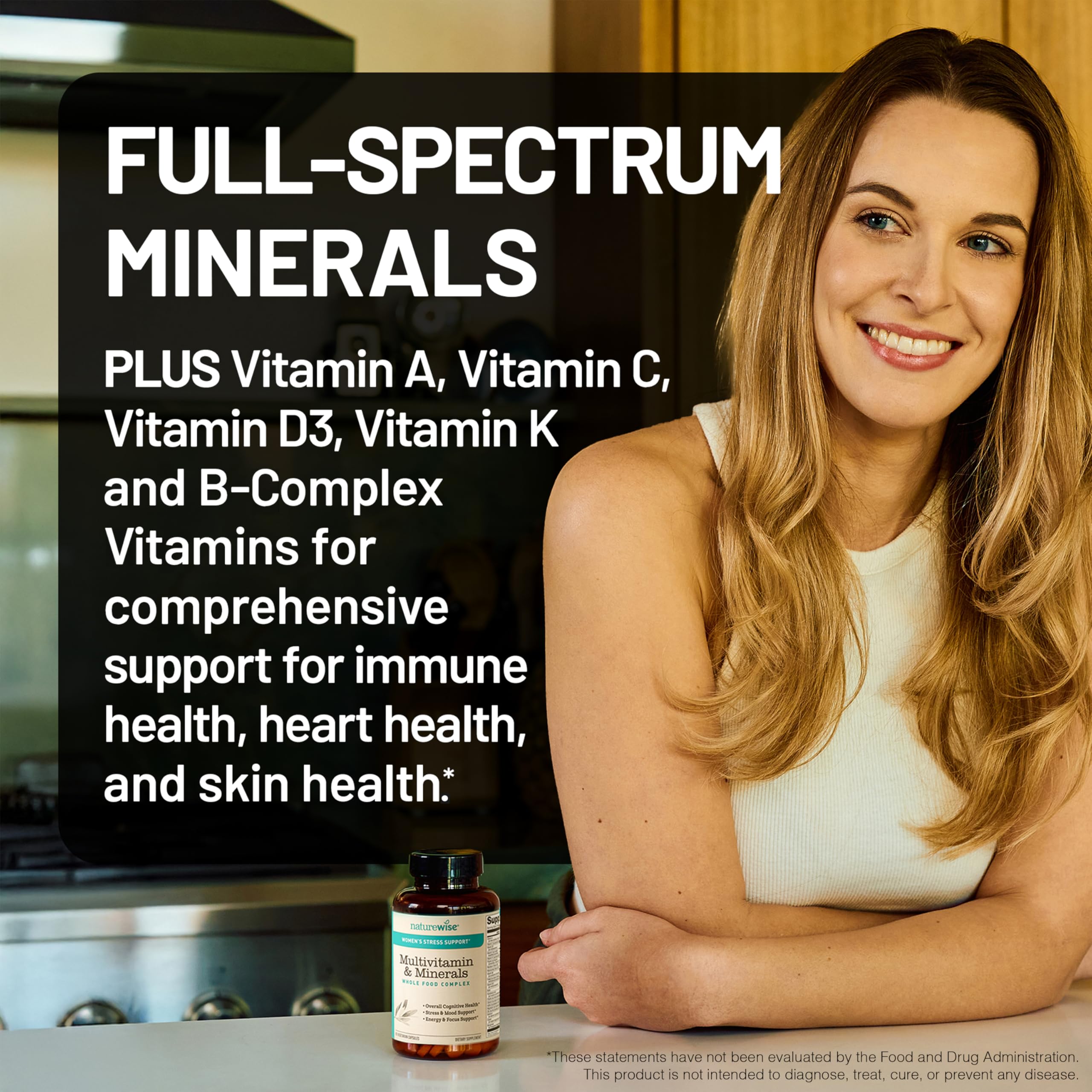 NatureWise Multivitamin for Women + Stress Support with Organic Whole Foods & Natural Minerals - B-Complex + Vitamin C + D3 K2 for Immunity, Hair, Skin & Nails - Non-GMO - 60 Capsules[30-Day Supply] NatureWise Au supplements