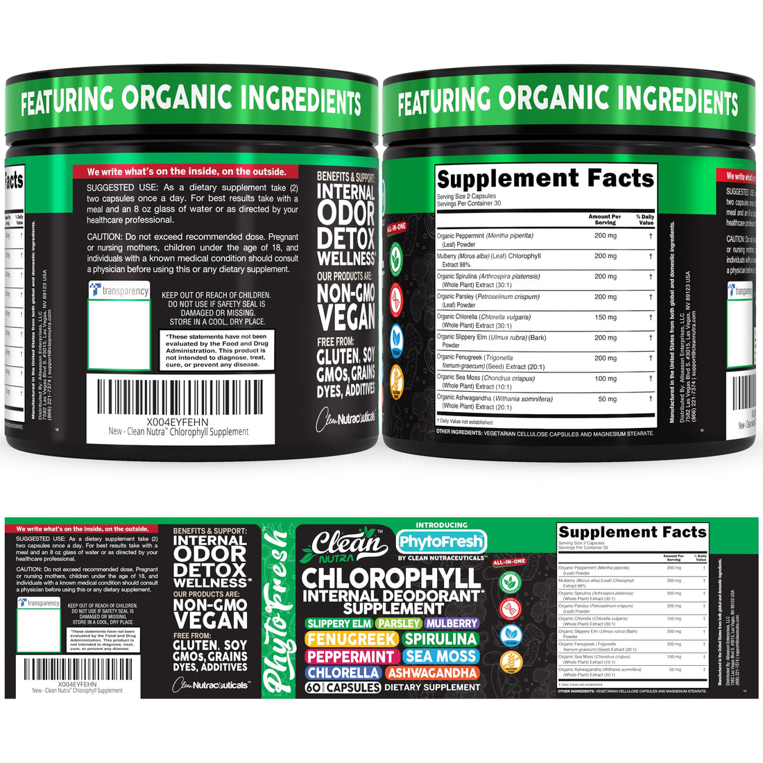 Clean Nutra Chlorophyll Capsules Supplement Internal Deodorant Peppermint, Sea Moss, Parsley, Chlorella, Spirulina, Slippery Elm, Ashwagandha, PhytoFresh Greens Detox Pills Clean Nutraceuticals Au supplements