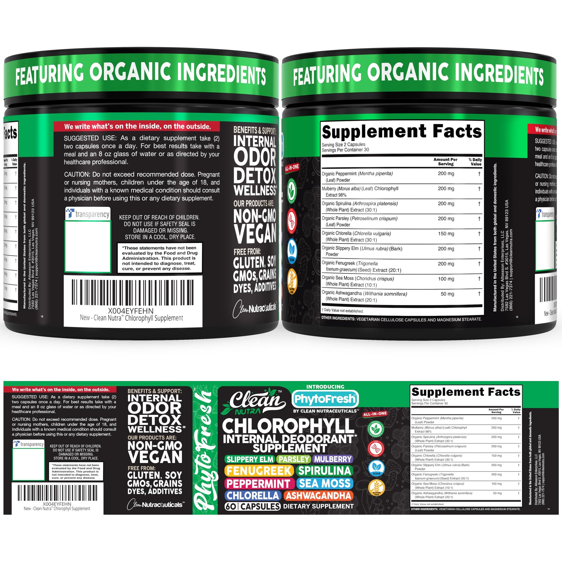Clean Nutra Chlorophyll Capsules Supplement Internal Deodorant Peppermint, Sea Moss, Parsley, Chlorella, Spirulina, Slippery Elm, Ashwagandha, PhytoFresh Greens Detox Pills Clean Nutraceuticals Au supplements