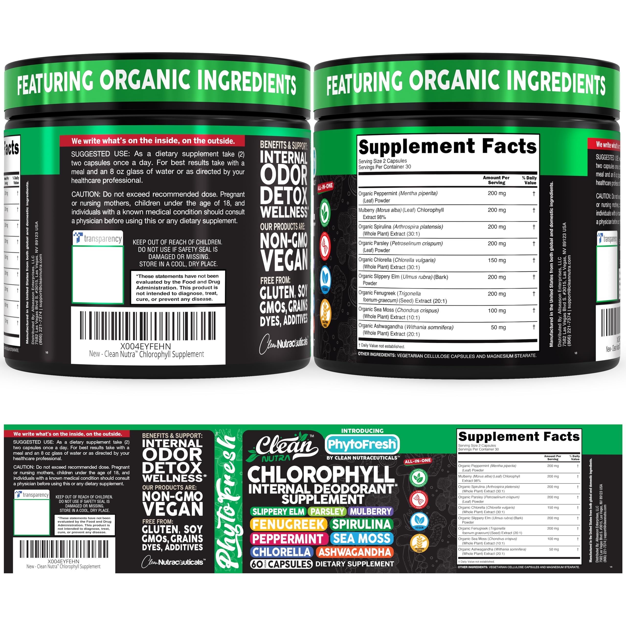 Clean Nutra Chlorophyll Capsules Supplement Internal Deodorant Peppermint, Sea Moss, Parsley, Chlorella, Spirulina, Slippery Elm, Ashwagandha, PhytoFresh Greens Detox Pills Clean Nutraceuticals Au supplements
