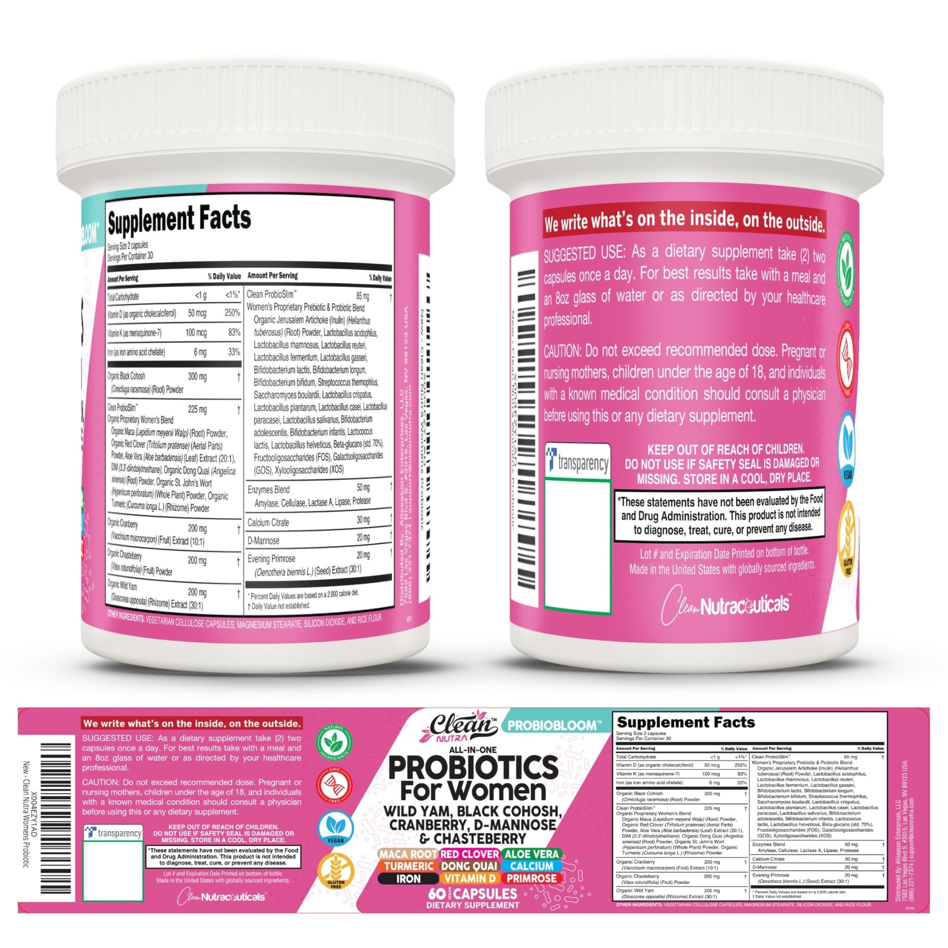Clean Nutraceuticals Probiotics for Women with D Mannose, Cranberry Extract, Wild Yam, Chasteberry - 20 Probiotic and Prebiotic Strains - PH Balance, Womens Probiotic for Digestive Health - 60 Count Clean Nutraceuticals Au supplements