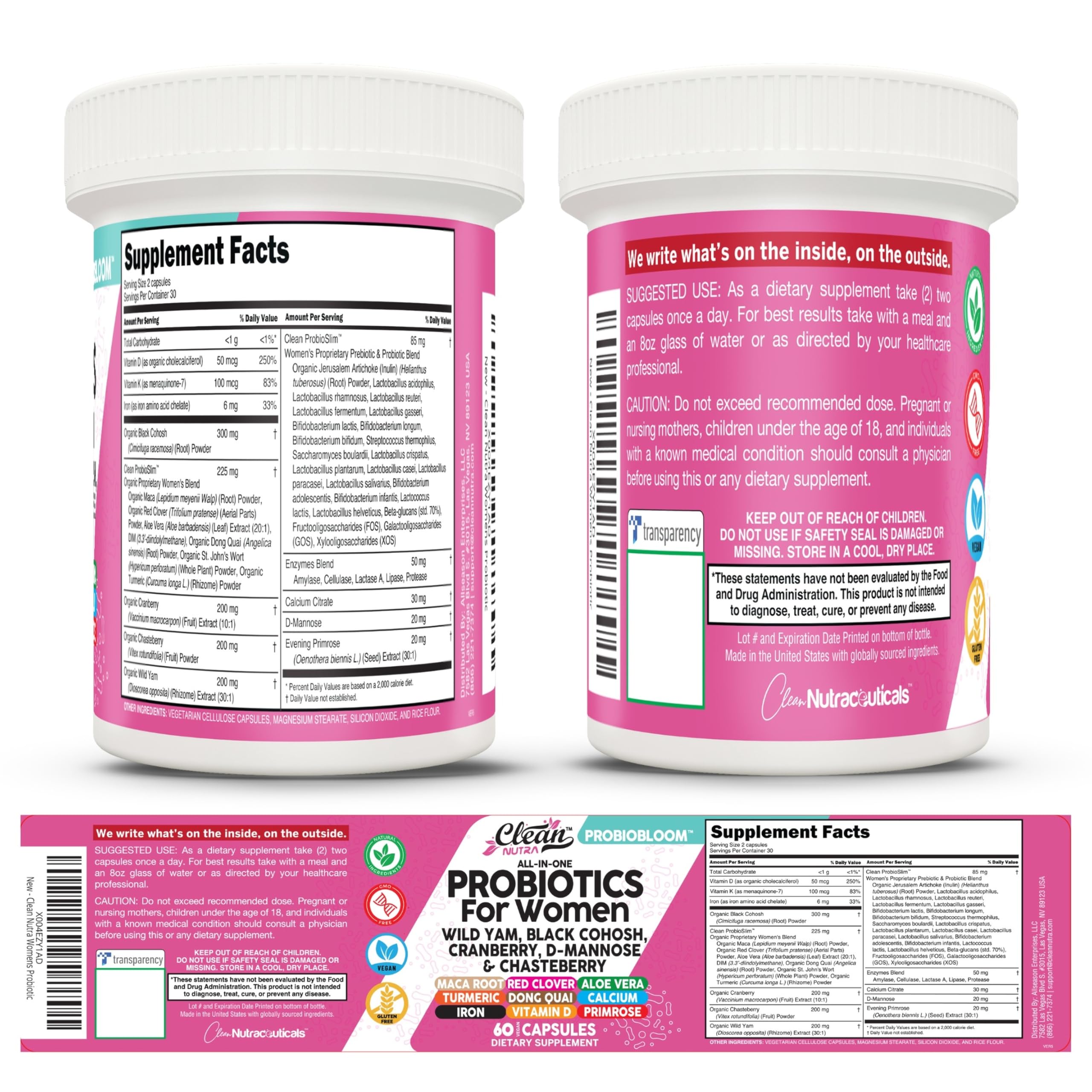 Clean Nutraceuticals Probiotics for Women with D Mannose, Cranberry Extract, Wild Yam, Chasteberry - 20 Probiotic and Prebiotic Strains - PH Balance, Womens Probiotic for Digestive Health - 60 Count Clean Nutraceuticals Au supplements